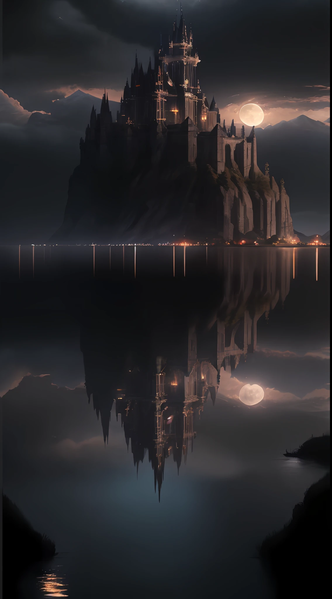 Masterpiece, best quality, high quality, extremely detailed CG unity 8k wallpaper, landscape, perfect reflection, superb water surface. outdoor, sky, clouds, dusk, no humans, castle, gothic, mountain, landscape, water, tree, full moon, waterfall, cliff, nature, river, cloudy sky, detail enhancement, detail enhancement, flawless. Award winning photography, bokeh, depth of field, HDR, bloom, chromatic aberration, realism, very detailed, intricate, high detail, dramatic, intricate,