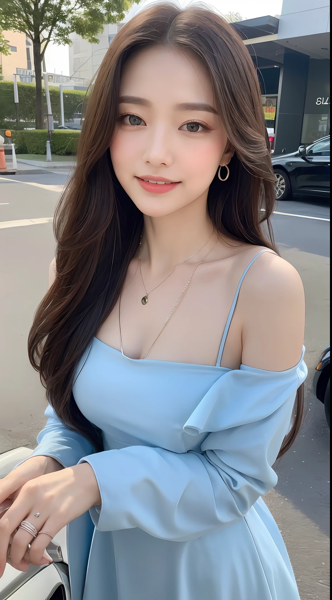 ((Best Quality, 8k, Masterpiece: 1.3)), Focus: 1.2, Perfect Body Beauty: 1.4, Buttocks: 1.2, ((Delicate Long Hair)), (Dress: 1.1) , (Sports car, street: 1.4), Highly detailed face and skin texture, Fine eyes, Double eyelids, Whitened skin, Smile, wearing necklace, ring, person next to the car.