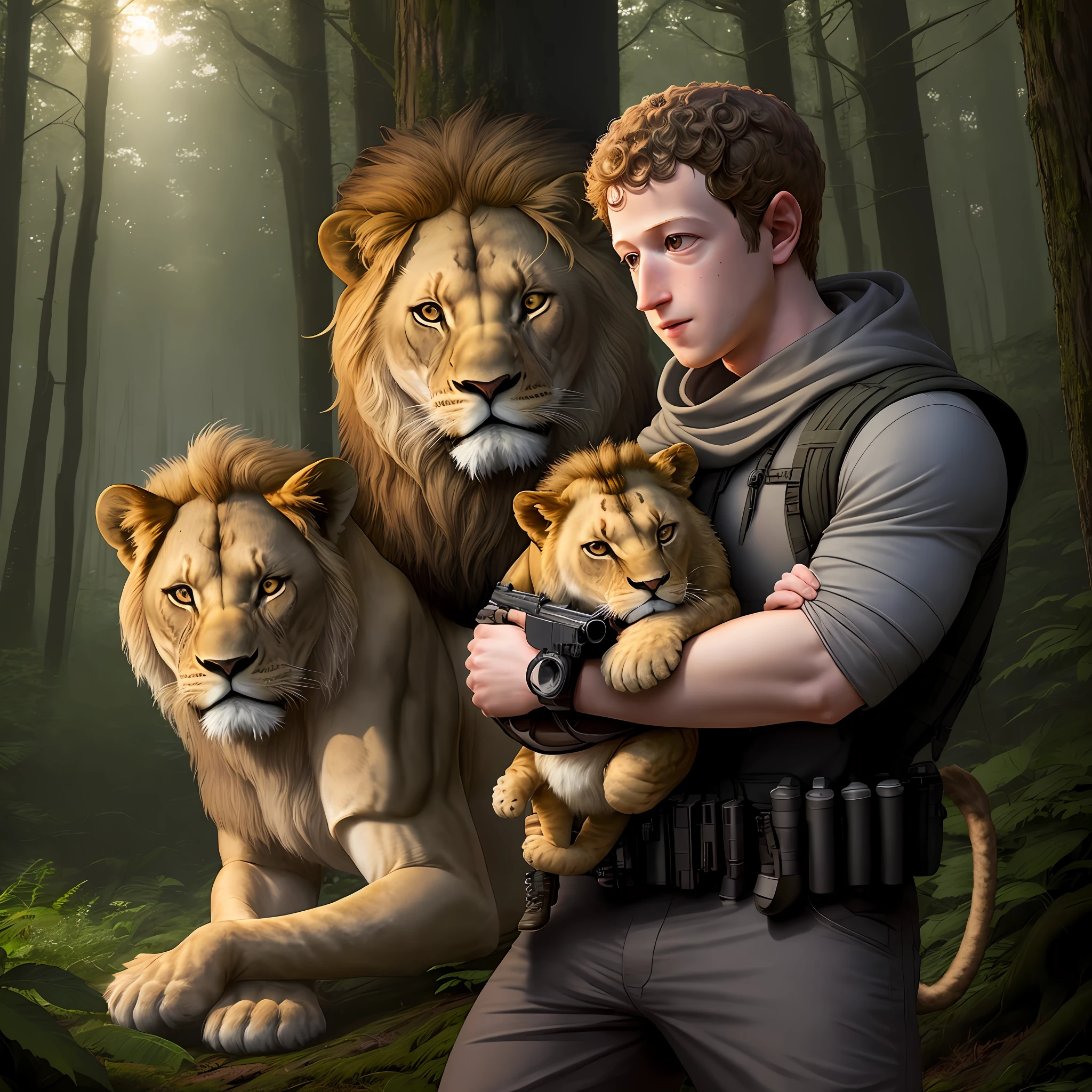 In a dense, bushy forest under the twilight of the sky, Mark Zuckerberg stands, holding a gun tightly, facing a ferocious and menacing lion.