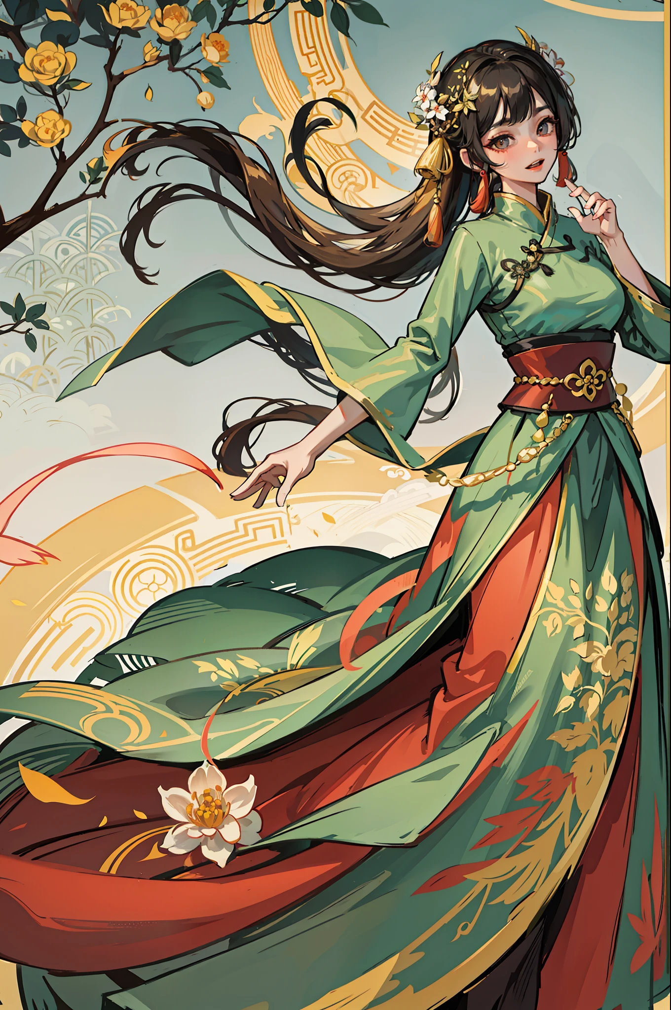 An ancient Chinese beauty standing under an osmanthus tree, charming temperament, flowing long skirt, clear face, beautiful eyes, osmanthus falling, masterpiece, super detailed, epic composition, super HD, high quality, extremely detailed, official art, unified 8k wallpaper, super detailed, 32k --v 6