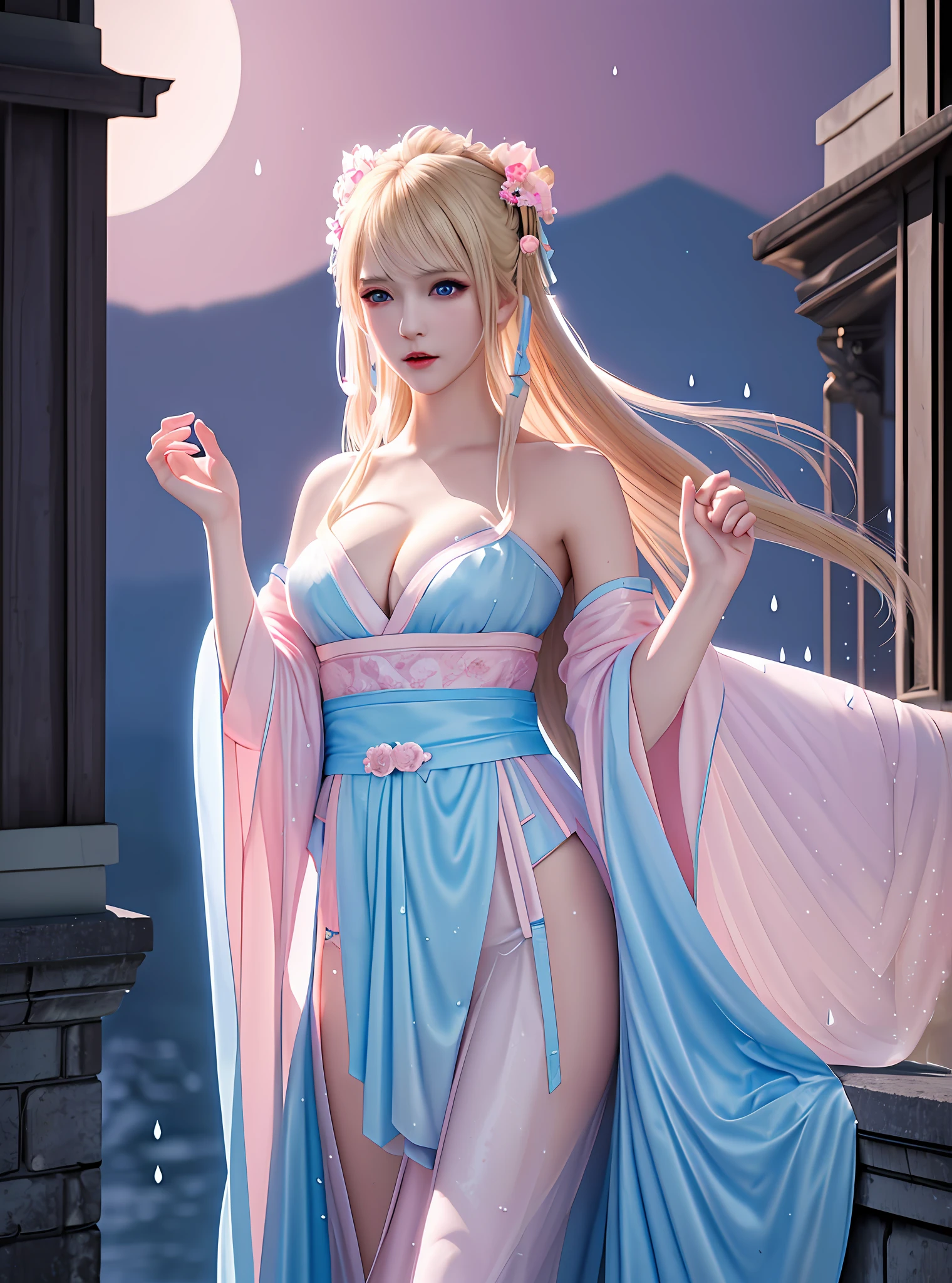 Masterpiece, highest quality, solo, (perfect face: 1.1), (high detail: 1.1), dramatic, dynamic pose, 1girl, breasts, blonde, bright blue eyes, solo, cleavage, delicate and characteristic pretty face, long hair, curved, small breasts, hanfu, thighs, intricate patterns, bare shoulders, slender and tall figure, pink lips, pink tulle bathrobe, shower, sleeping with water droplets flowing under and down, split legs, castle, night, moon, detailed background, artgerm and greg Rutkowski's art, film lighting,