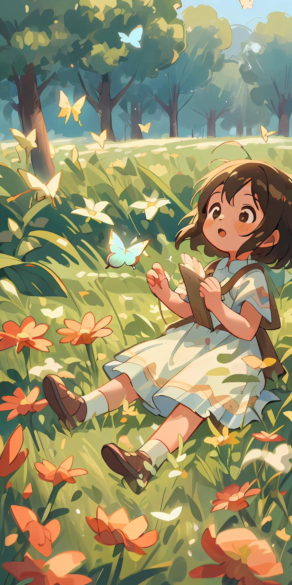 High Detail, Ultra Detail, 8K, Ultra High Resolution A cute and innocent girl, child, toddler, enjoying her time in the open field, surrounded by the beauty of nature, warm sun sprinkling on her, wildflowers gently swaying in the breeze. Butterflies and birds flutter around her, adding to the playful atmosphere,