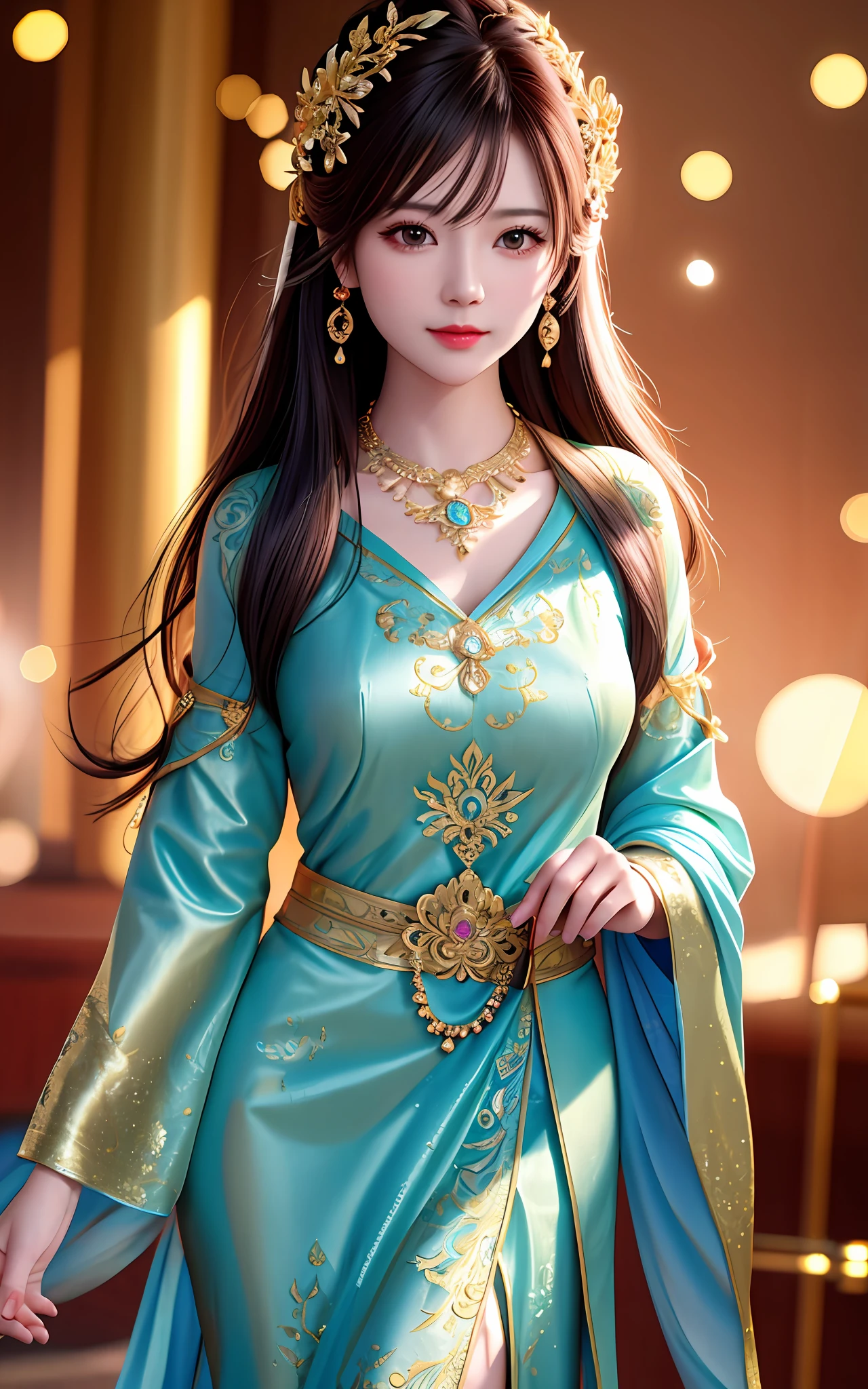 top quality, masterpiece, highres, 1 girl, china dress, hairpiece, necklace, jewelry, beautiful face, top_body, tyndall effect, photorealistic, dark studio, edge lighting, two tone lighting, (high detail skin: 1,2), 8k uhd, dslr, soft lighting, high quality, volumetric lighting, candid, photos, high resolution, 4k, 8k, bokeh