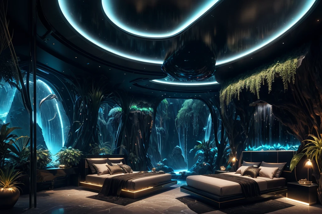 incredible black luxurious futuristic bedroom interior in Ancient Egyptian style with many ((lush plants)) (lotus flowers), ((palm trees)), rocky walls, (sand), ((waterfalls)) (marble), ((precious minerals)), ((metals)), (gemstones), crystals, clouds and (water), ((curvy futuristic furniture)), ((plants made out of gemstones and precious minerals)), crocodiles, (hieroglyphics), (((ultra luxury))), (black marble) – with ((beautiful lights)), Unreal Engine, HQ, 16k