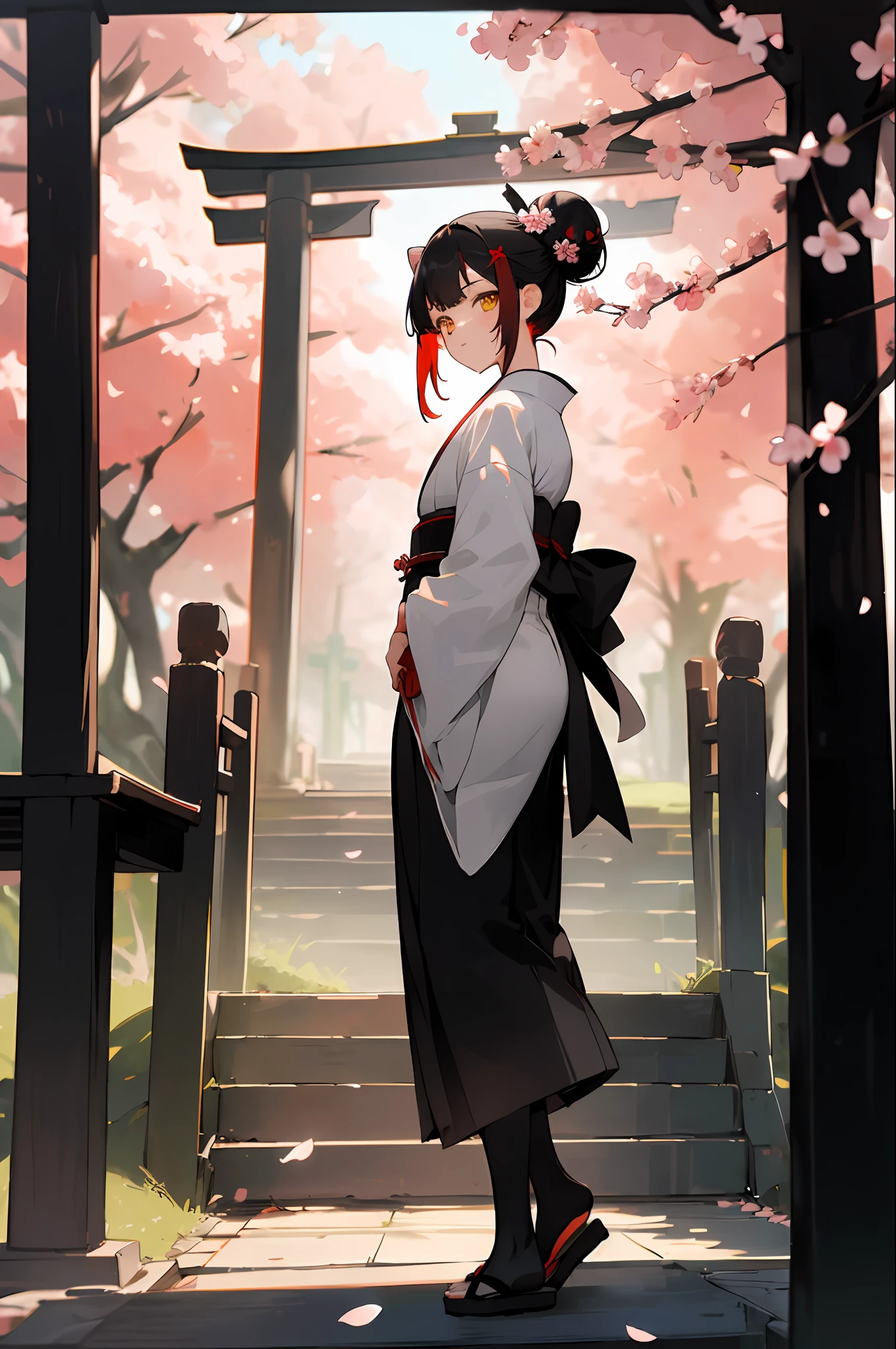 ((masterpiece,best quality)),2girls, black kimono, black legwear, black ribbon, black hair, cherry blossoms, day, flower, hair bun, hair ribbon, japanese clothes, kimono, long hair, looking at viewer, looking back, multiple girls, obi, outdoors, red eyes, red hair, ribbon, sandals, single hair bun, stairs, standing, statue, torii, tree, white kimono, yellow eyes