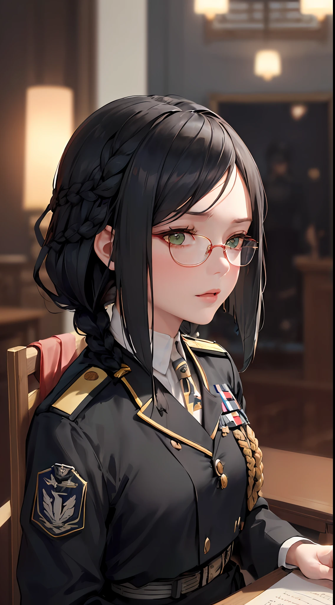 No, adult, modest attire, (reference to the uniform of a World War II Nazi German general. : 1.8),Commander's Hat,White Coat,Long Black Skirt,((Pia Hairstyle,Smooth Front Hair)),(Standing at Navy Port),Government Agency,Deep Intelligence,Discreet Facial Expression,Respectful Face,Warship,( Dark Green Eyes,Small,Black Hair,Smooth Poll Hairstyles,Double Braided Hairstyles,Top Fine Eyes,Straight Bob Pony Hairstyle,Red Glasses,Dark Green Eyes),Authoritarian Society,Long Distance,Beautiful Delicate Face with Detail, Beautiful Delicate Eyes with Detail, Perfect Face Proportion, High Fine Skin, Fine Skin, Best Four Finger to One Thumb Ratio,Masterpiece, High Detail, Realistic