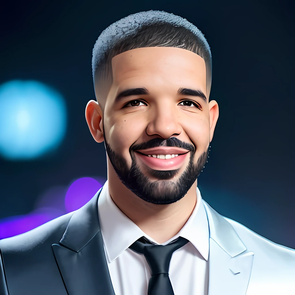 Drake, smile, a little beard, wearing a suit, neon lights on the body, background pastel neon gradient, original simulation style, charming eyes, charming expression. The background should be neutral and simple, pay close attention to details such as highlights and shadows on his face and hair to create a realistic and realistic image. Try different lighting techniques to enhance the mood and atmosphere of your portrait. Highly detailed skin, skin details, sharp focus, volumetric fog, 8k uhd, SLR, high quality, film grain, fujifilm XT3, bright smile, teeth, (best quality: 1.4), (masterpiece: 1.4), (detail: 1.3), blue-violet pastel background: 1.5), (realism: 2), (best quality: 1.0), (ultra high resolution: 1.0), 8k, RAW photo, (masterpiece: 0.2)