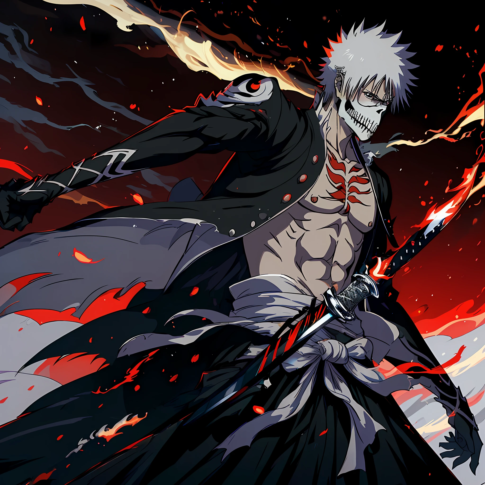 (masterpiece, best quality:1.2),1boy,solo, Ichigo kurosaki,holding a black katana,badass pose,bleach, powerful aura,red aura,8k,64k, HD, unparalleled masterpiece, dynamic lighting, cinematic, epic, highest quality digital art, Stunning art, wallpaper 4k, official art for bleach,art by Tite Kubo, absolutely stunning art , skeleton mouth mask