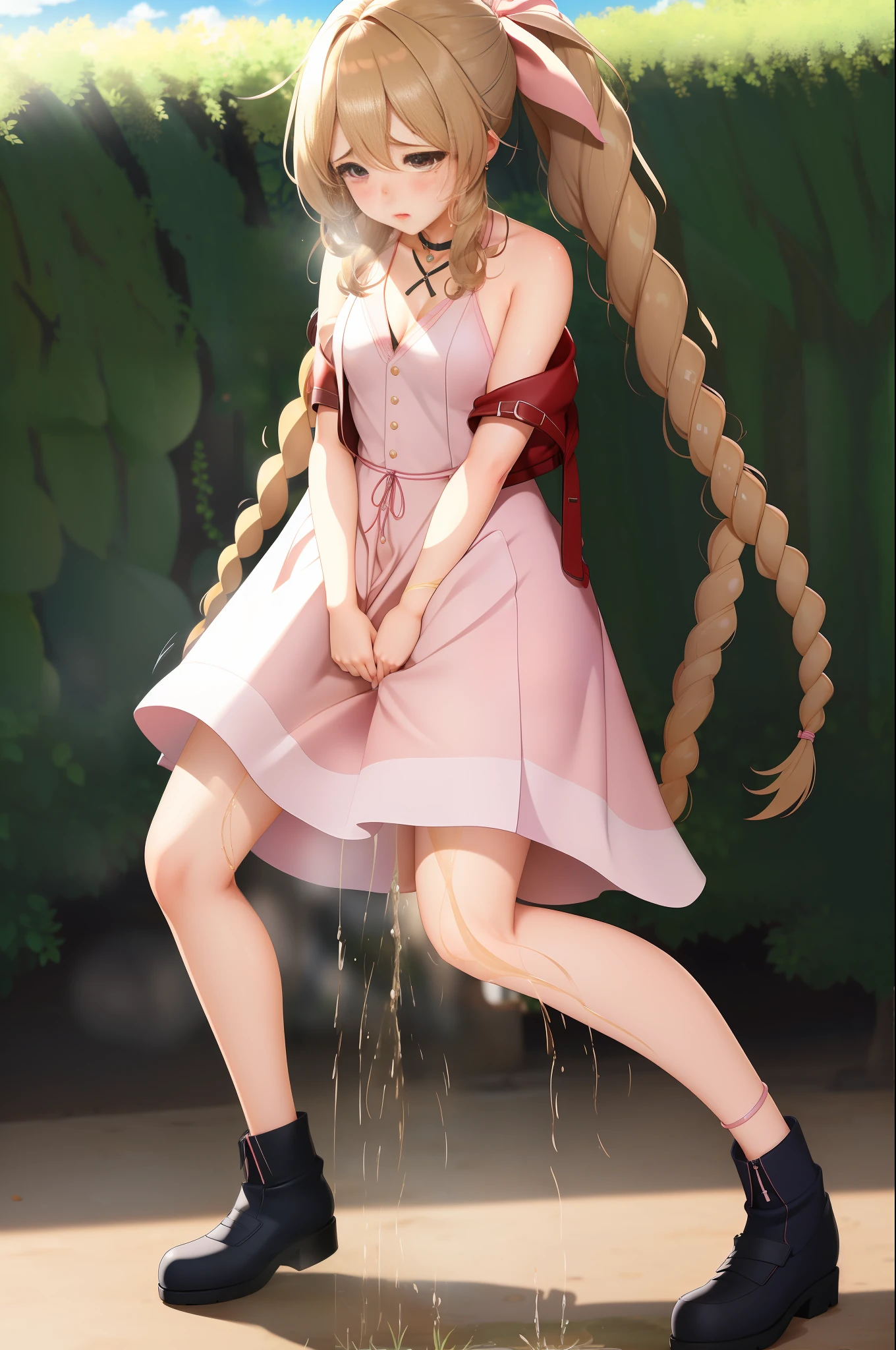 ultra-detailed, CG, perfect atwork, perfect female figure, 1 girl, Aerith Gainsborough, choker, cropped jacket, hair bow, bracelet, pink dress, looking down nervously, shy, embarrassed aroused and shocked, outdoors, standing legs crossed, peeing herself, peeing down her legs, a small puddle of her own urine is forming around her feet on the dry ground, very desperate to pee, peeing, wetting herself, urination, naughty, streaming tears, wide-eyed, makeup, scared, despair, panicking, high detail, multiple views, anime, Realism, anime style, Hyperrealism, wide shot, masterpiece, highres, UHD, anatomically correct, high quality, super detail, high details, best quality, highres, award winning, 8k, textured skin