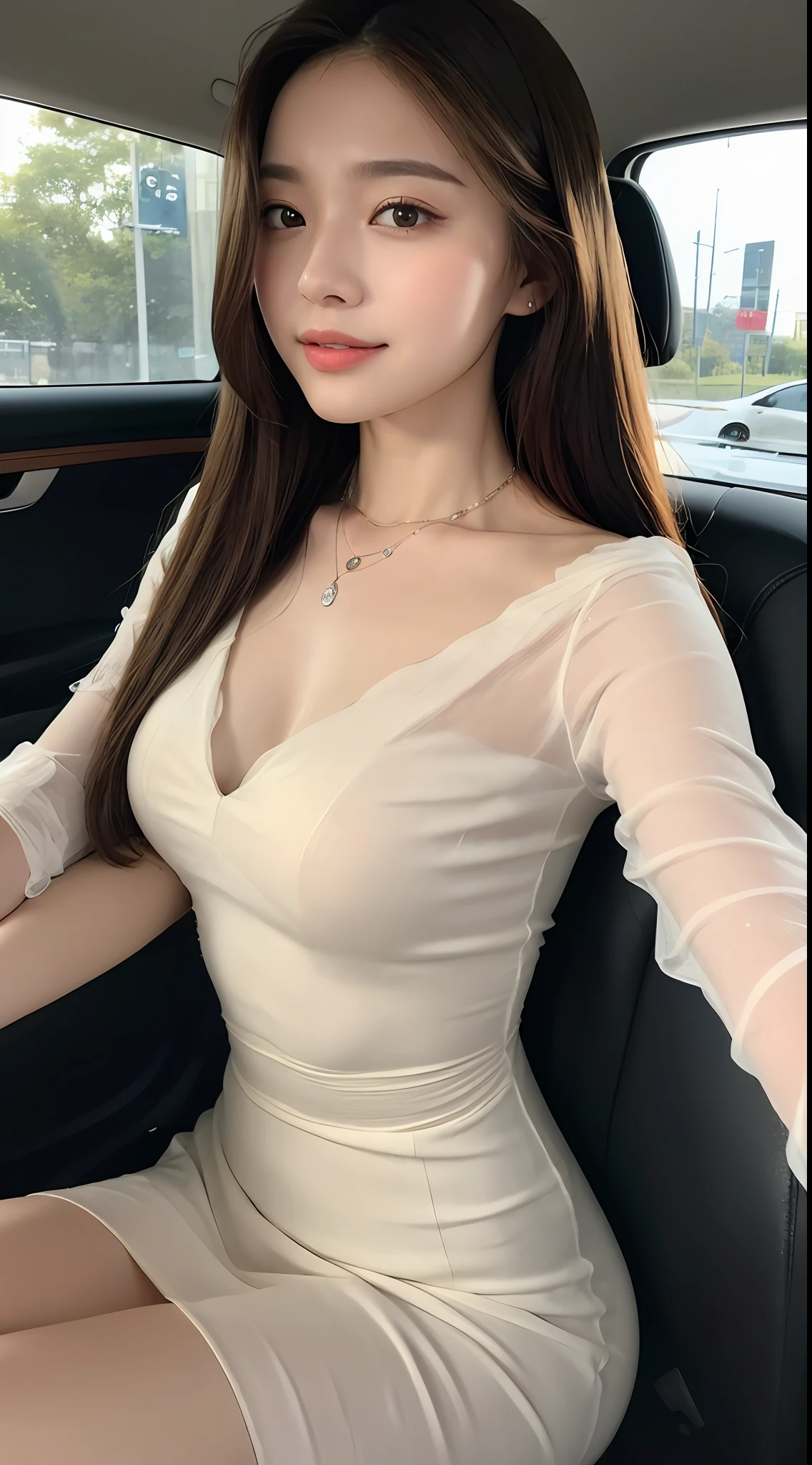 ((Best Quality, 8k, Masterpiece: 1.3)), Focus: 1.2, Perfect Body Beauty: 1.4, Buttocks: 1.2, (Delicate Long Hair)), (Dress: 1.1) , (Sports car, street: 1.2), Highly detailed face and skin texture, Fine eyes, Double eyelids, Whitened skin, Smile, Wearing necklace, ring, person sitting inside a car.