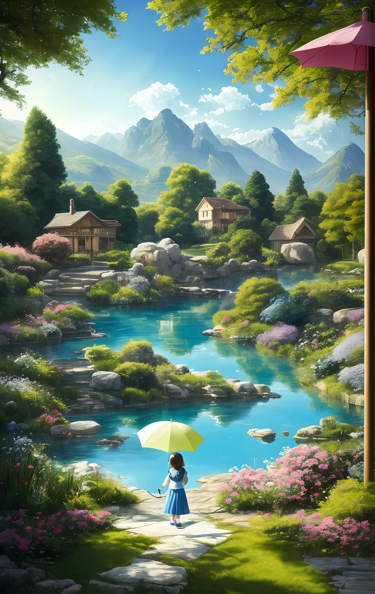 painting beautiful landscape with pool and house, anime countryside landscape, beautiful art UHD 4k, amazing wallpaper, detailed landscape — width 672, 4k highly detailed digital art, 4k hd wallpaper illustration, anime landscape wallpaper, landscape art detailed, beautiful wallpaper, amazing background, 4k detailed digital art, beautiful lake background, ((There is a girl holding an umbrella, standing at the bottom of the picture, a puppy next to her)))