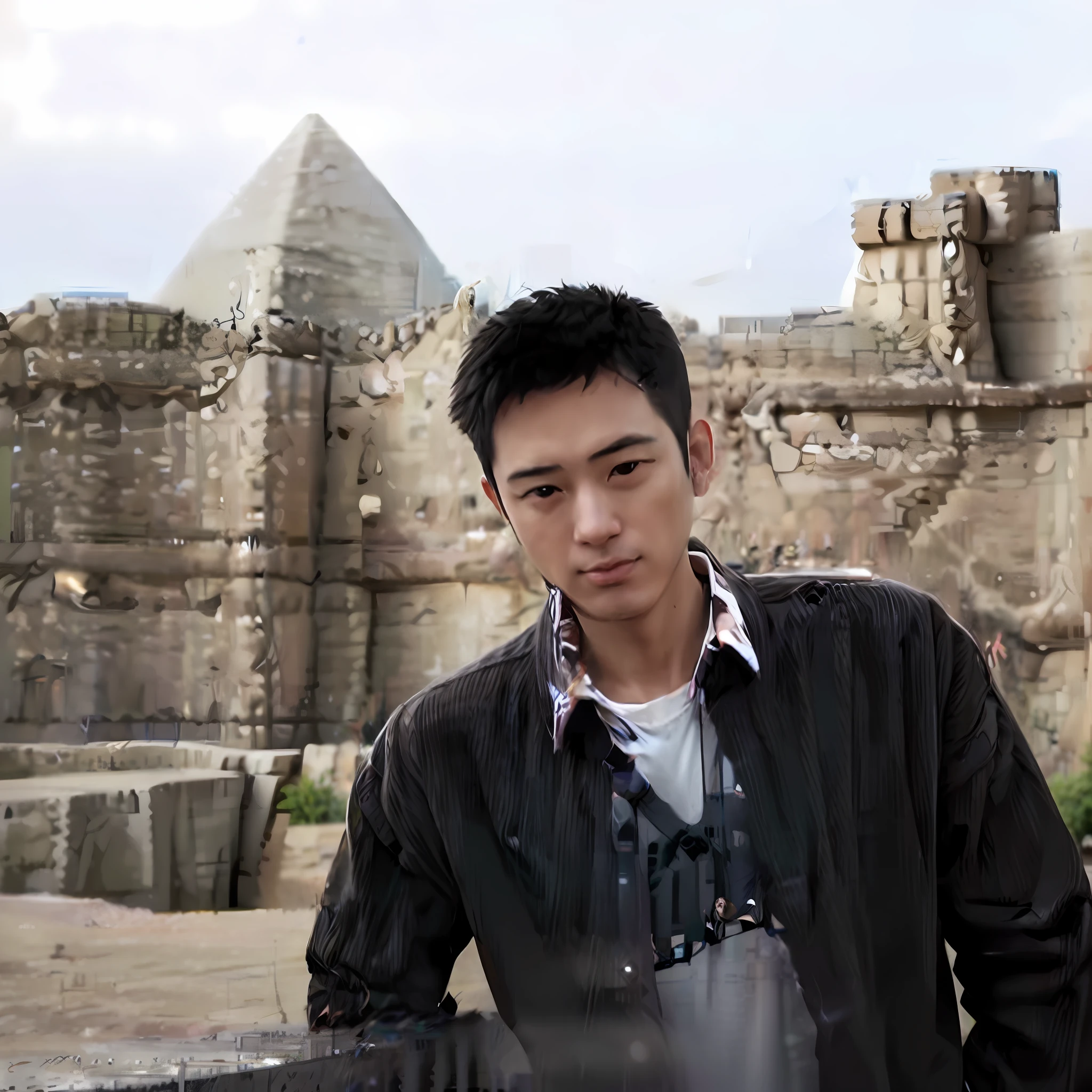 Arafeld man in suit leans against the railing in front of the building, in Egypt, Chen Xintong, pyramid in the background