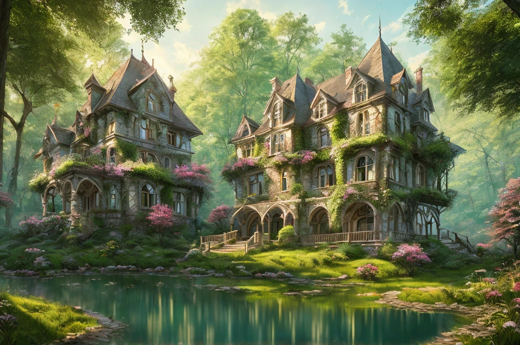 Old style painting, abandoned overgrown castle mansion in the forest, oversaturated, princess tower, gazebo, balcony, colorful, very detailed, high resolution, ray traced reflections, dramatic lighting, 8k vibrant colors, detailed Acrylic, Intricate, Soft Natural Volumetric Film Perfect Light, Oil Painting