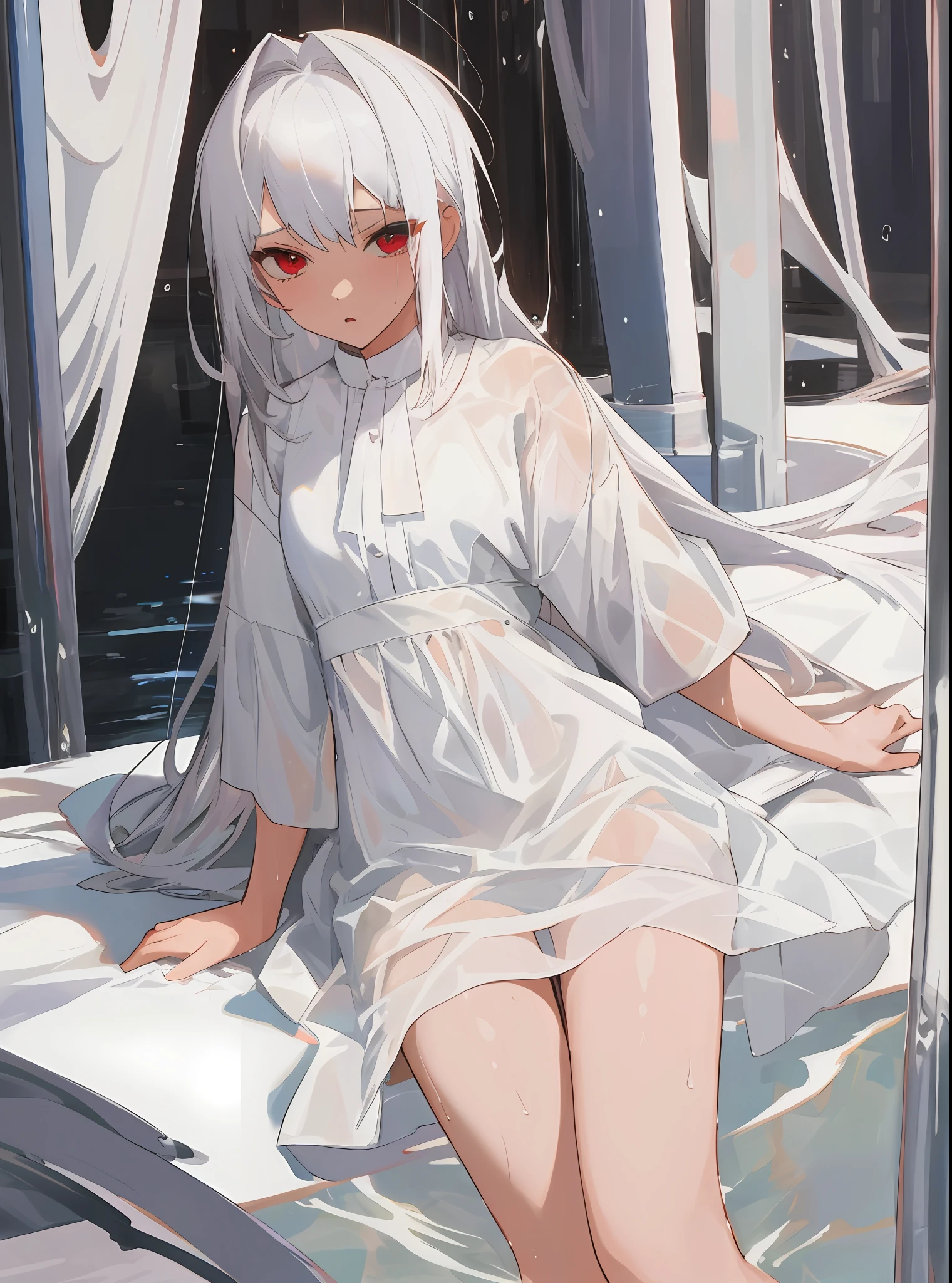 White hair girl,1-girl, girl,wet white dress,dark red eyes,seductive face,((best quality)),((masterpiece)),((fullcolor)),visible underwear, white underwear,
