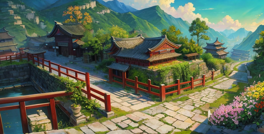 Official art, ancient Chinese landscapes, (streets), (flowers), beautiful landscapes, masterpieces, high quality, exquisite graphics, high detail, epic landscapes