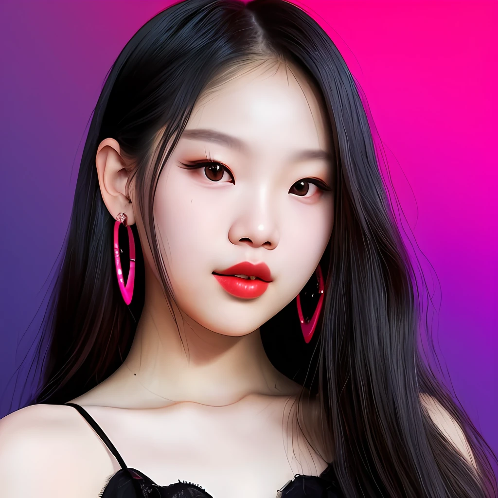 Jennie (Blackpink), front, smile, red lips, heavy makeup, wearing black dress, neon signs, gradient color on background, original simulation style, charming gaze, charming expression. The background should be neutral and simple, pay close attention to details such as highlights and shadows on his face and hair to create a realistic and realistic image. Try different lighting techniques to enhance the mood and atmosphere of your portrait. Highly Detailed Skin, Skin Detail, Sharp Focus, Volumetric Fog, 8K UHD, SLR, High Quality, Film Grain, Fujifilm XT3, (Best Quality: 1.4), (Masterpiece: 1.4), (Detail: 1.3), (Best Quality: 1.4), (Masterpiece: 1.4), (Detail: 1.3), (Color Gradient Background: 1.5, Close Up: 1.5), (Realism: 1.4), (Best Quality: 1.0), (Super High Resolution: 1.0)