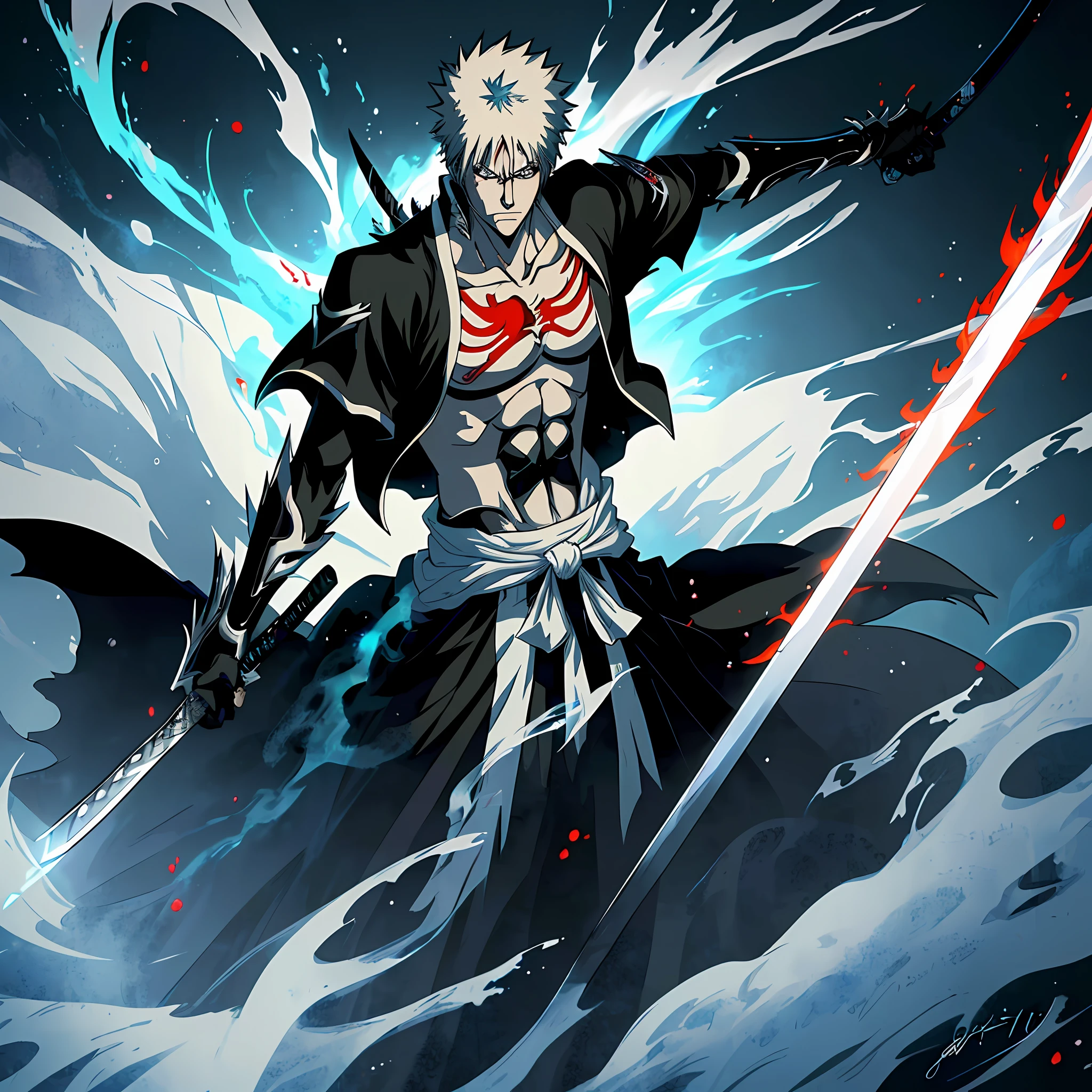 (masterpiece, best quality:1.2),1boy,solo, Ichigo kurosaki,holding a black katana,badass pose,bleach, powerful aura,red aura,8k,64k, HD, unparalleled masterpiece, dynamic lighting, cinematic, epic, highest quality digital art, Stunning art, wallpaper 4k, official art for bleach,art by Tite Kubo, absolutely stunning art