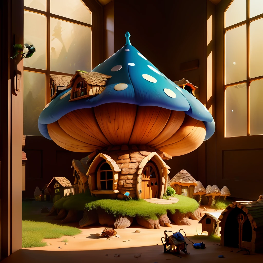 Large toadstool with windows and doors as ant house, ants running around, 4k, hyperrealistic, zoom in, enlargement, realistic cartoon