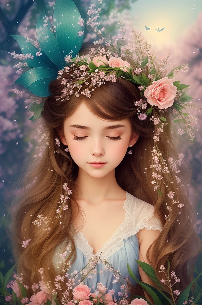 Illustration of a sweet and pretty girl surrounded by flowers. Spring concept. Fairy tale character