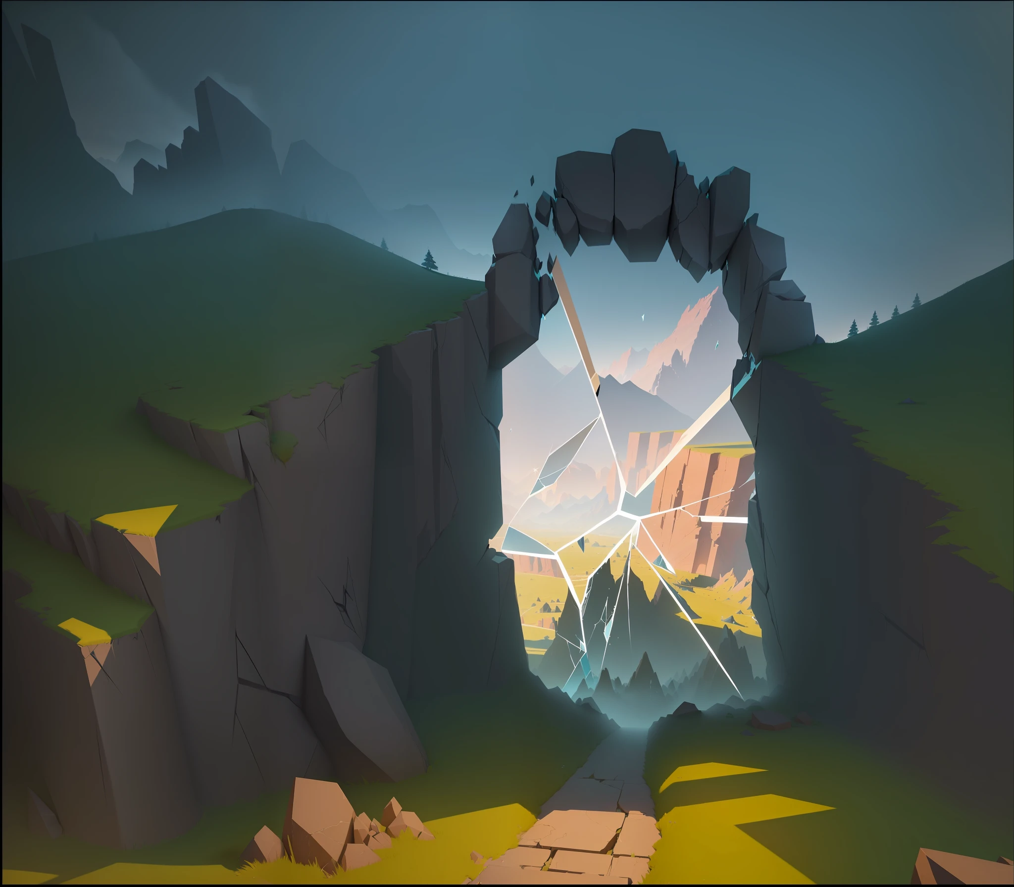 There is a cartoon picture of a Rocky Mountain landscape with a river, stylized concept art, stylized game art, splash screen art, drawn as game concept art, high quality low-poly art, fantastic screenshot art, game screenshot, indie game concept art, broken walls, detailed game art, stylized to 3D rendering, video game screenshots> broken mirrors, broken mirrors, broken glass
