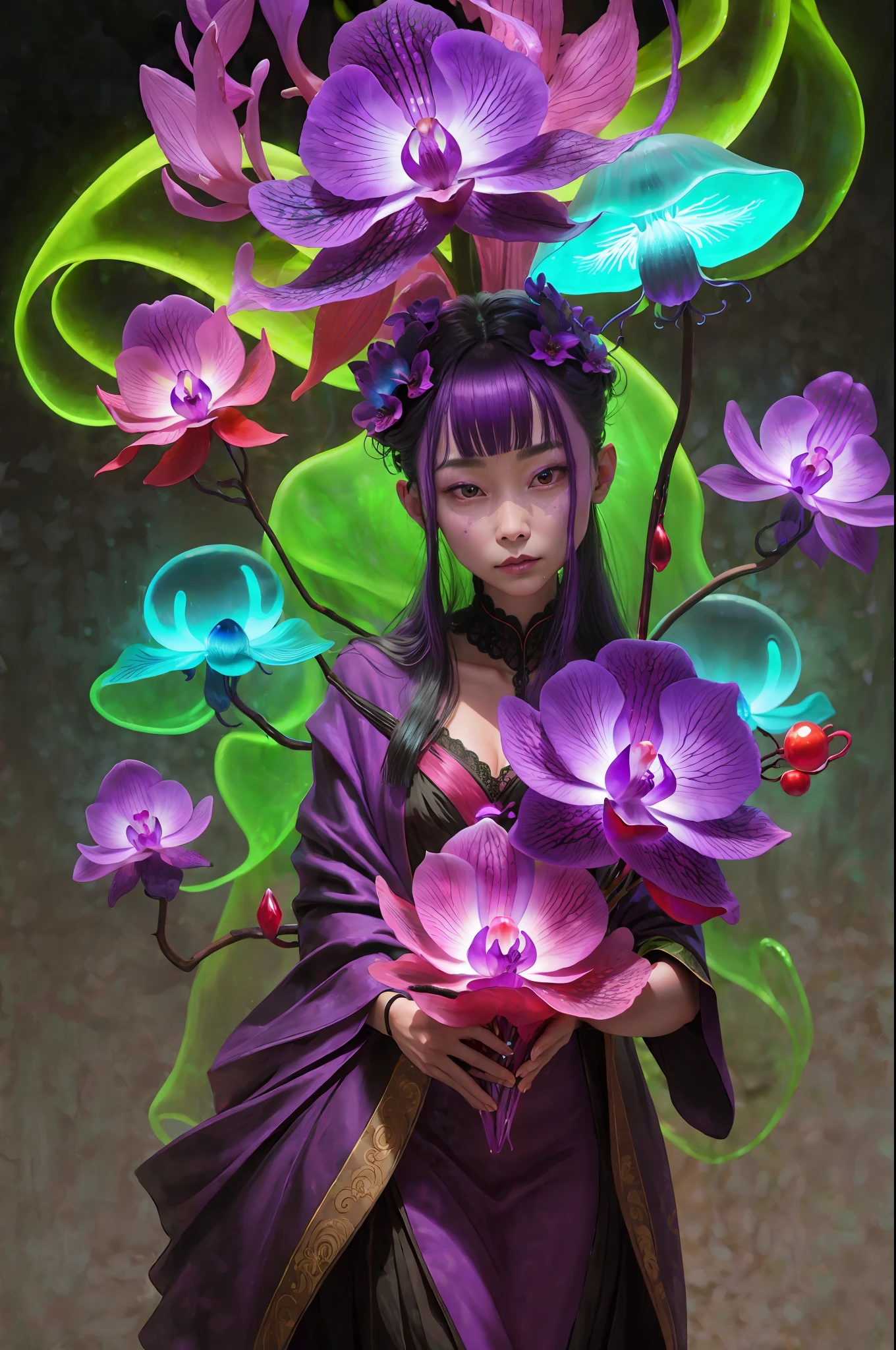 (purple|crimson smoke:1.4), Simon Stalenhag, fantasy, (orchids: 0.8), (intricate details, darkness) BREAK (bioluminescent flora:1.2), glowing_mushrooms, creative, inventive, ((glowing_gems, glowing_stones):1.2), unique, orchids BREAK ((highres, masterpiece:1.4, best quality:1.2), (ultra-detailed, 8k)