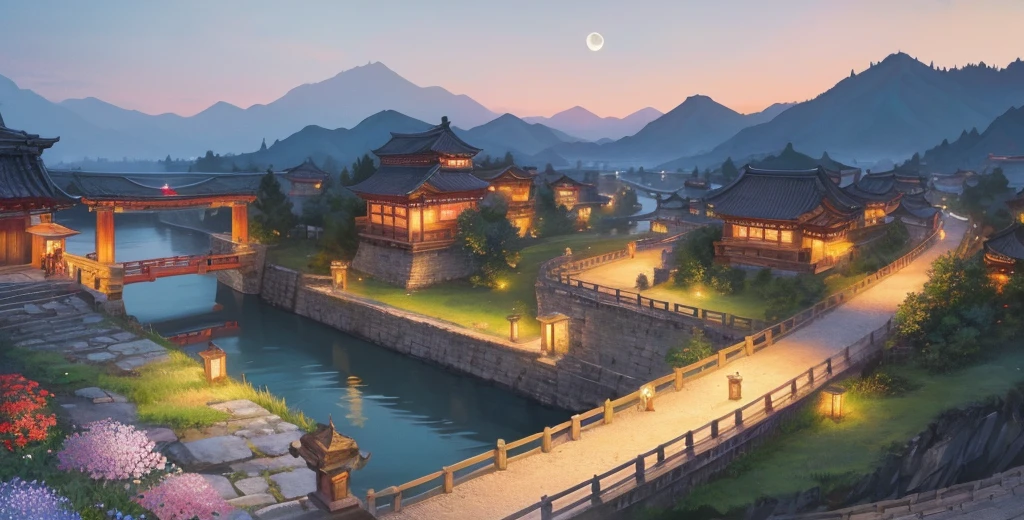 Official Art, Ancient Chinese Scenery, (Street), (River), (Small Bridge), (Midnight), (Moon), (Flower), Lighting, Beautiful Scenery, Realistic Lighting, Masterpiece, High Quality, Beautiful Graphics , high detail, epic landscape