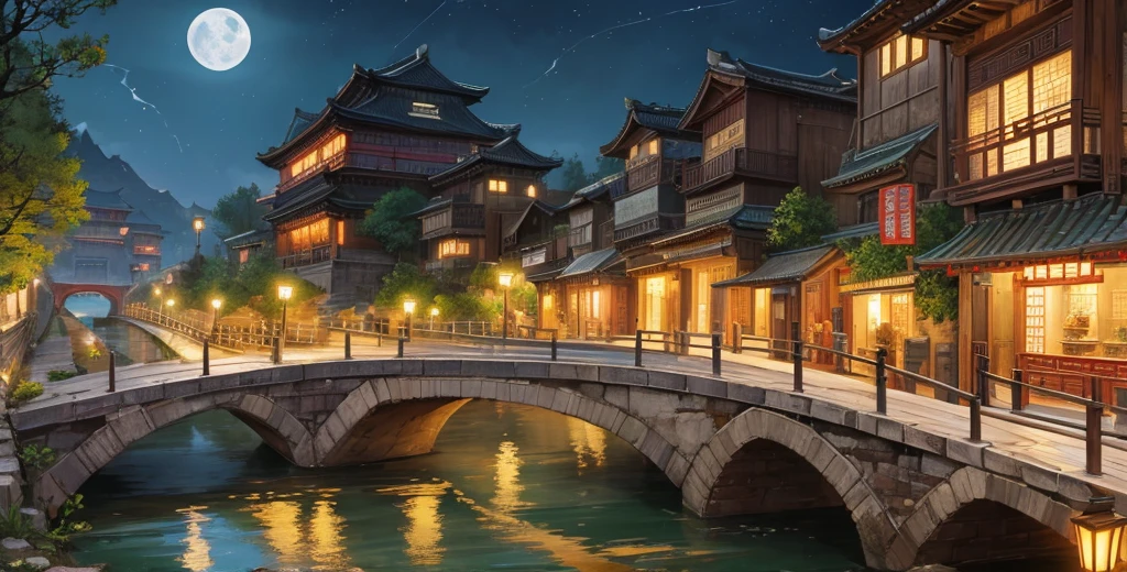 Official Art, Ancient Chinese Scenery, (Street), (River), (Small Bridge), (Midnight), (Moon), (Flower), Lighting, Beautiful Scenery, Realistic Lighting, Masterpiece, High Quality, Beautiful Graphics , high detail, epic landscape