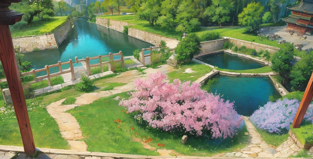 Official Art, Ancient Chinese Landscapes, (Court), (Flowers), Beautiful Landscapes, Masterpieces, High Quality, Exquisite Graphics, High Detail, Epic Landscapes, Colorful, Intricate Details, Ultra Low Perspective, Wide Angle Lens