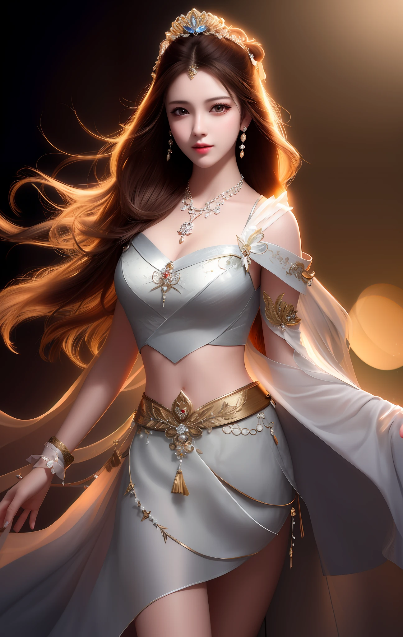 "Best quality, masterpiece, high resolution, shot 1 girl, wearing porcelain skirt, hair ornament, necklace and jewelry, beautiful face, prominent Tyndall effect on the body, realistic effect, processed in a dark studio, with edge lighting as well as bitone lighting, shot with high detail skin (weight 1.2), 8k UHD DSLR, shot with soft light and high quality, using volumetric light technology, candid album style photos, high resolution (4k, 8k) with background bokeh effect."