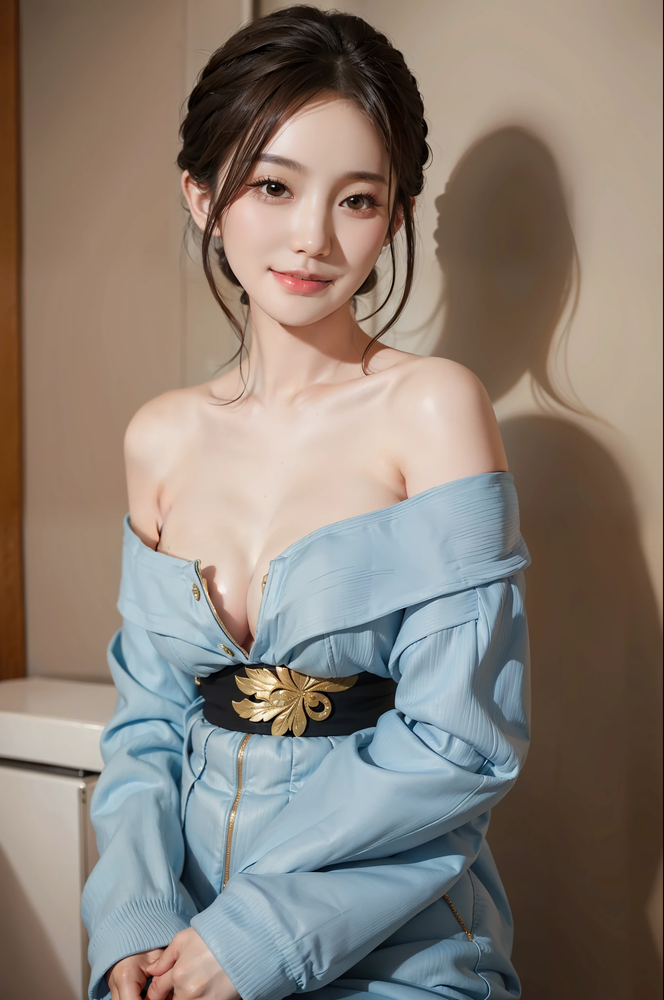 Masterpiece, Best Quality, Portrait of 1girl,Korean woman,(Masterpiece, Pretty person,Polluted smile),Virtual YouTube,Detailed skin texture, Detailed cloth texture, Beautifully detailed face, Masterpiece, Clavicle,