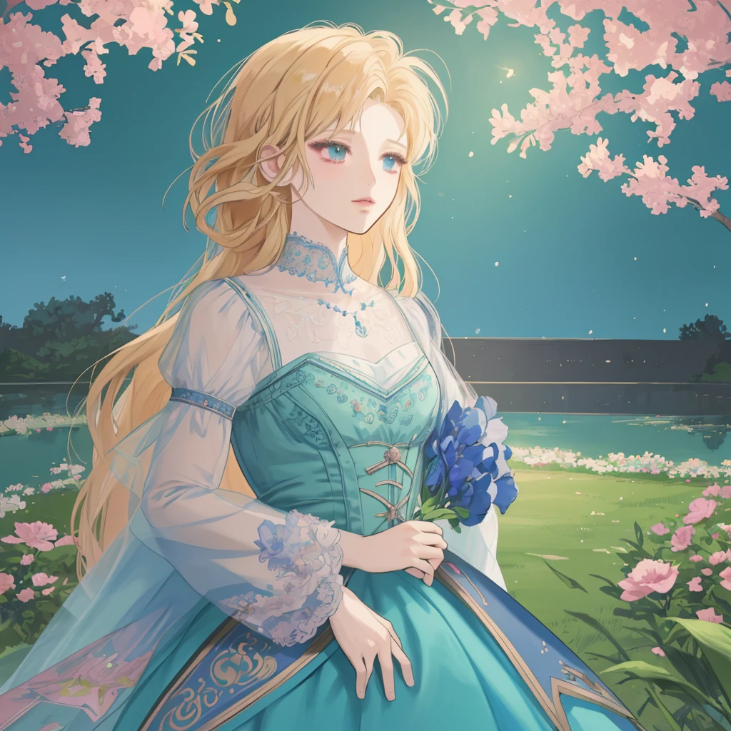 a woman in a short dress standing in a garden at night, an anime drawing inspired by Eizan Kikukawa, trending on pixiv, magical realism, beautiful anime style, beautiful anime art style, beautiful anime artwork, anime style illustration, anime style. 8k, anime style artwork, anime vibes, beautiful anime art, anime art wallpaper 8 k, anime style, image fill, UHD, retina, masterpiece, ccurate, anatomically correct, textured skin, super detail, high details, high quality, award winning, best quality, highres, 1080P, HD