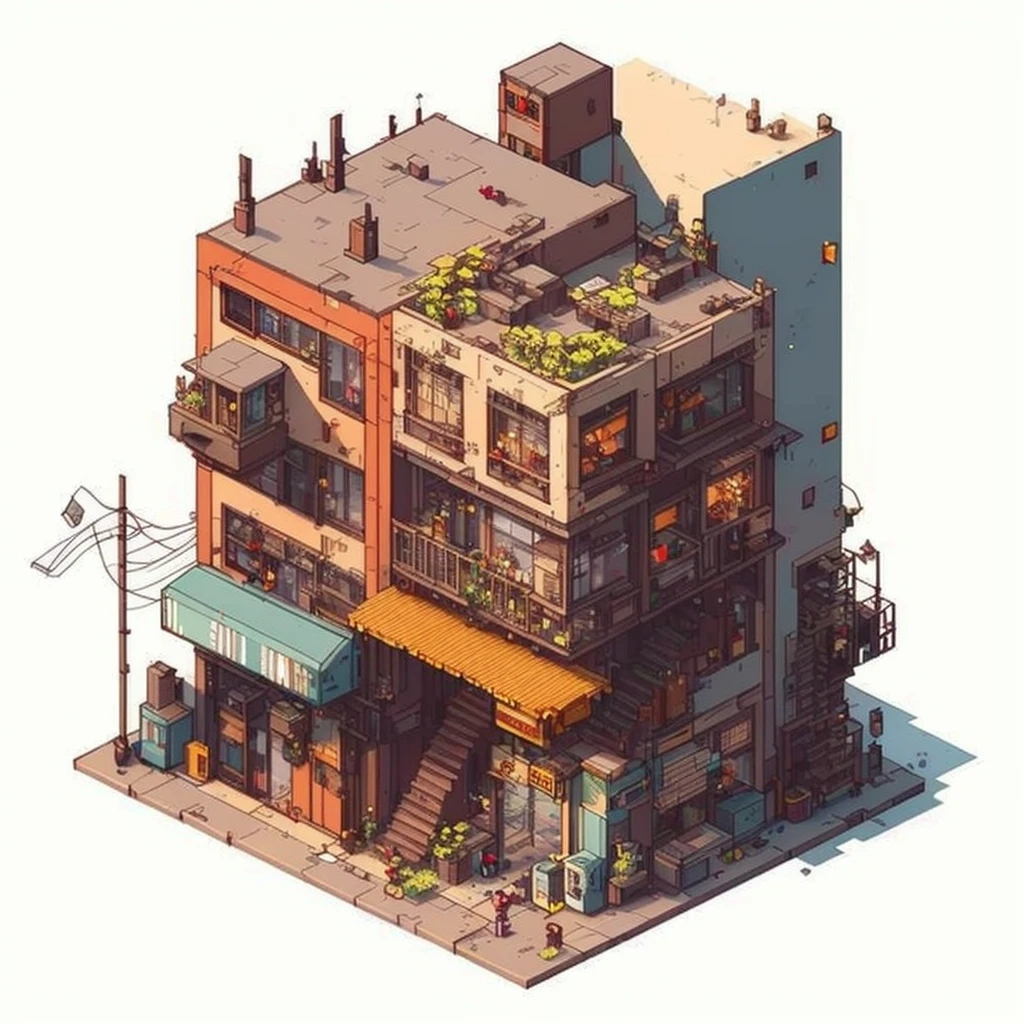 a close up of a building with a staircase and a balcony, isometric art, isometric pixel art, isometric voxel art, pixel art isometric drawing, isometric pixelart, isometric 8k, detailed 2d illustration, isometric illustration fun, by Ryan Yee, isometric illustration, very detailed isometric, beautiful detailed pixel art, isometric style