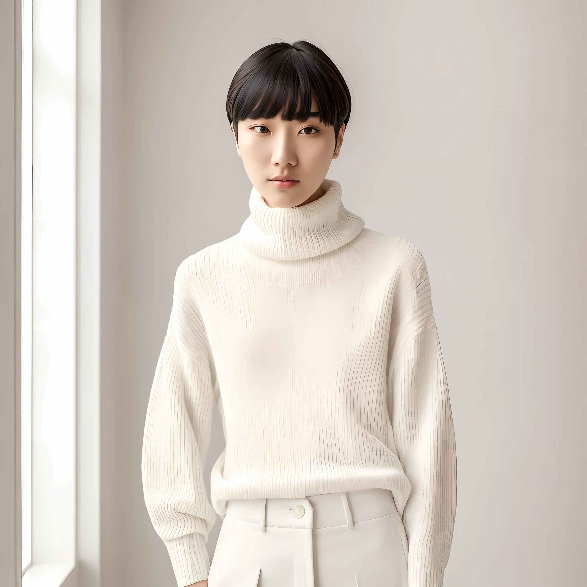 arafed woman in a white sweater and black pants posing for a picture, with short hair, portrait androgynous girl, a young asian woman, in white clothes, with a long white, mingchen shen, lu ji, in white turtleneck shirt, androgynous person, jia, wearing white silk, pale round face, pale woman