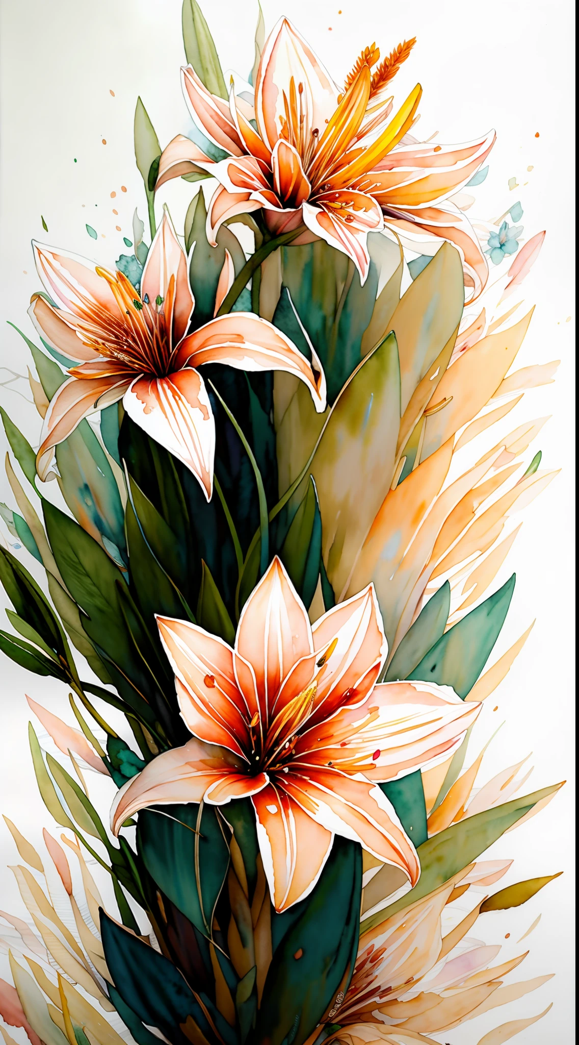 wtrcolor style, digital art of (lilies), official art, blown by the wind, masterpiece, beautiful, ((watercolor)), paint splatter, intricate details. Great detail, [dripping:0.5], trending on Artstation, Rachel Walker