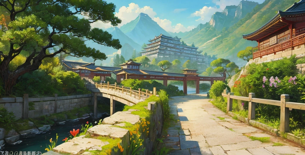 Official art, Chinese Qing dynasty landscapes, (streets), (flowers), (small bridges), beautiful landscapes, masterpieces, high quality, exquisite graphics, high detail, epic landscapes