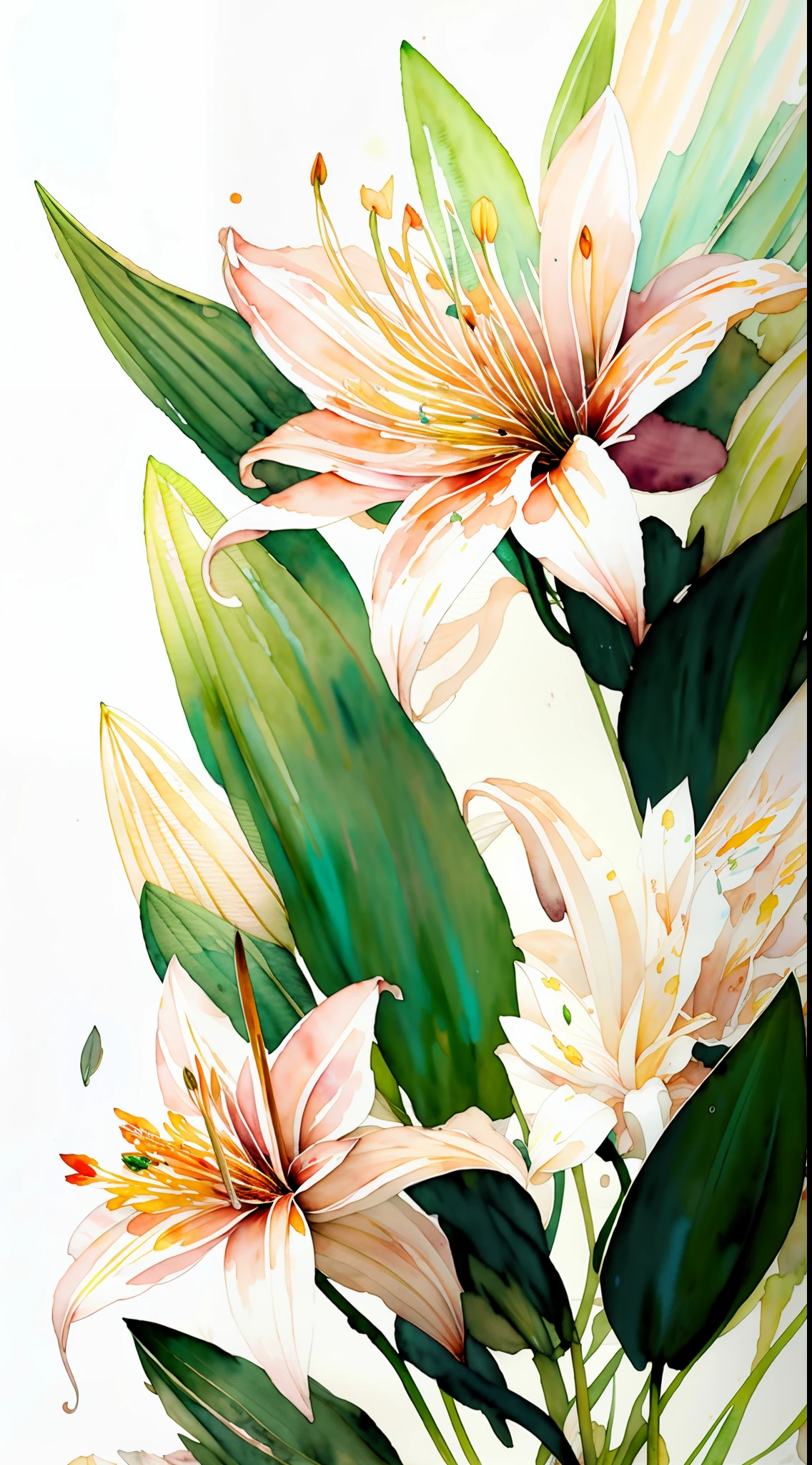 wtrcolor style, digital art of (lilies), official art, blown by the wind, masterpiece, beautiful, ((watercolor)), paint splatter, intricate details. Great detail, [dripping:0.5], trending on Artstation, Rachel Walker