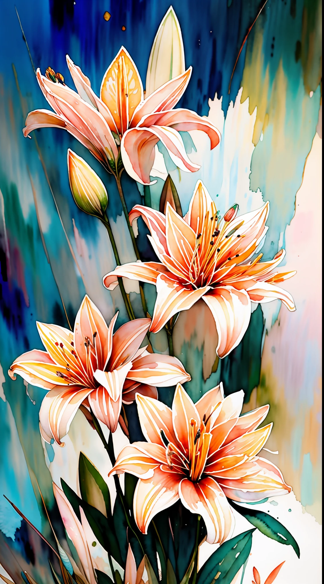 wtrcolor style, digital art of (lilies), official art, blown by the wind, masterpiece, beautiful, ((watercolor)), paint splatter, intricate details. Great detail, [dripping:0.5], trending on Artstation, Rachel Walker