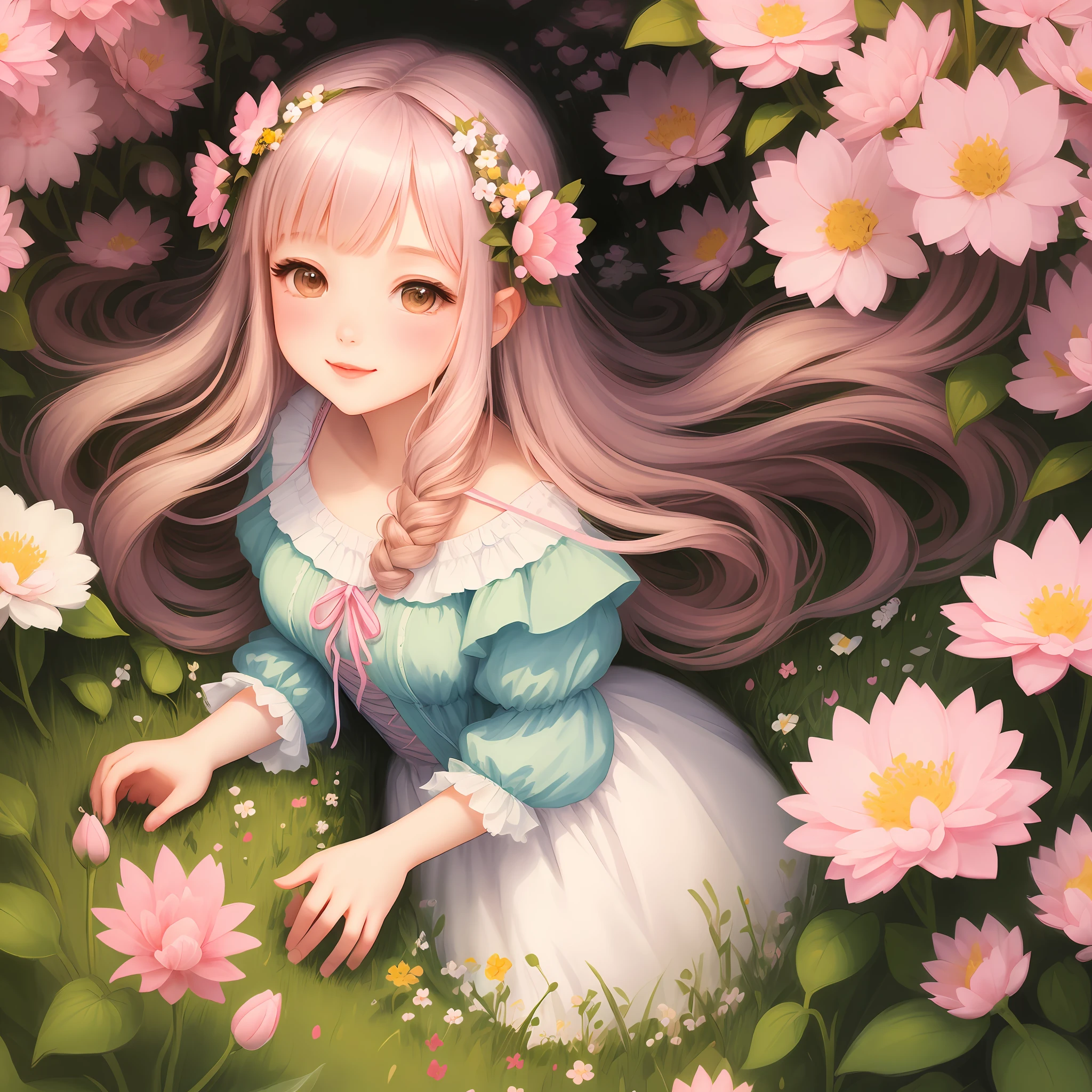 Illustration of a sweet and pretty girl surrounded by flowers. Spring concept. Fairy tale character