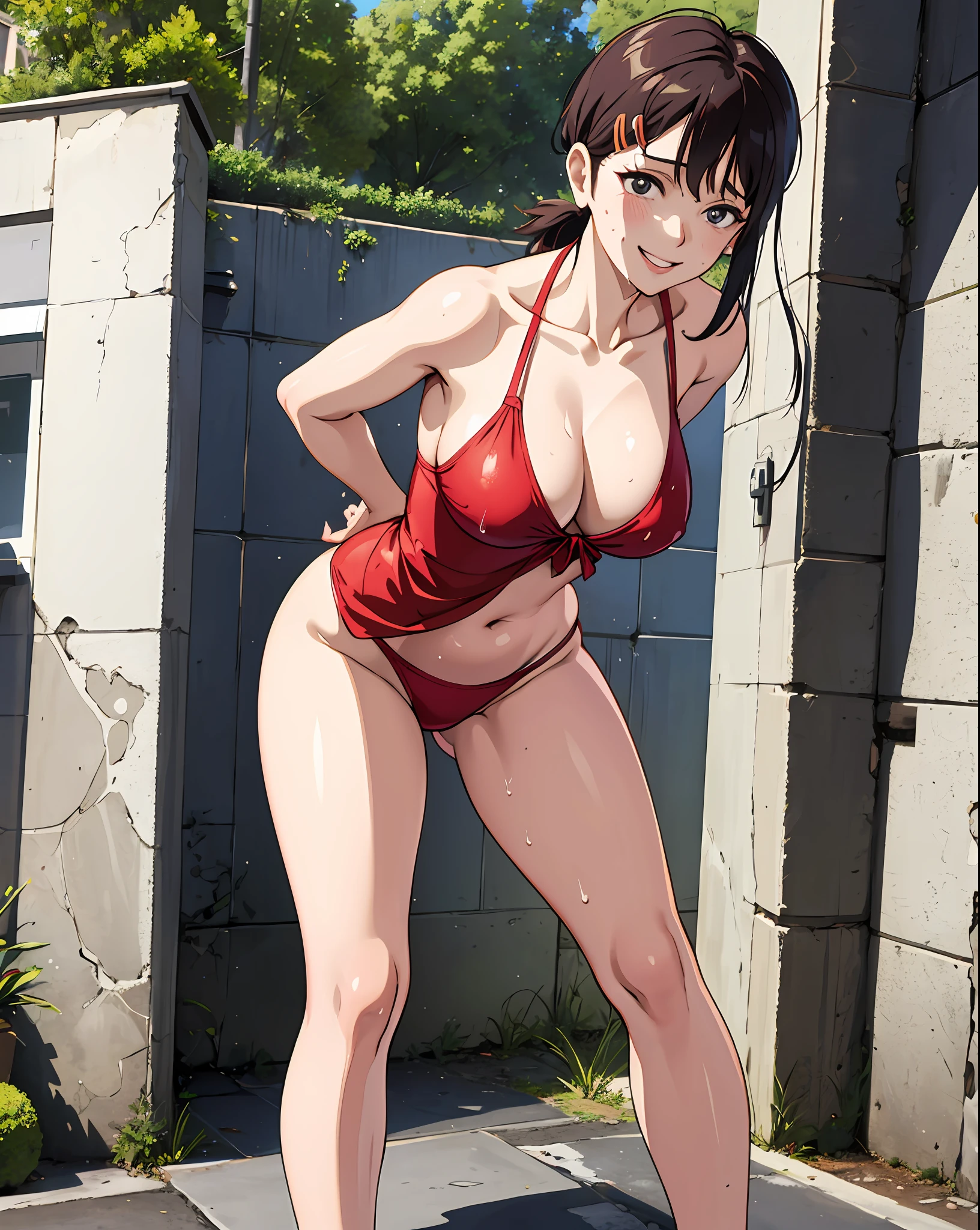 1girl, big breasts, wet, light smile, veneto swimsuit, navel, arms behind back, leaning forward, décolletage, outdoor, street, shower,fisheye