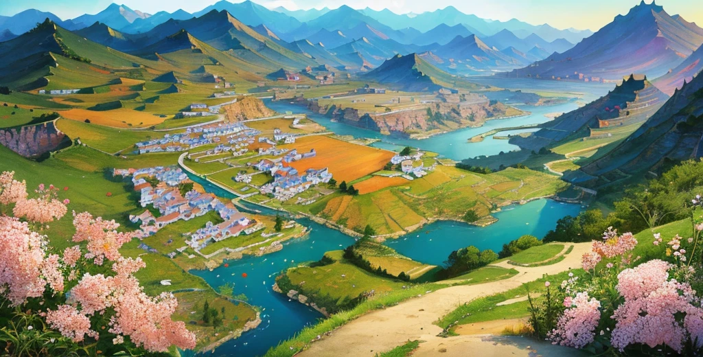 Official art, ancient Chinese landscapes, (streets), (flowers), beautiful landscapes, masterpieces, high quality, exquisite graphics, high detail, epic landscapes, colorful, intricate details, wide angle lenses