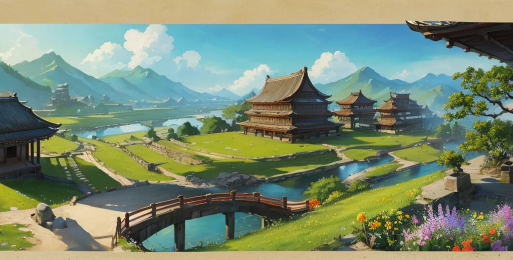 Official Art, Ancient Chinese Landscapes, (Attic), (Street), (Flower), Beautiful Landscapes, Masterpieces, High Quality, Exquisite Graphics, High Detail, Epic Landscapes, Colorful, Intricate Details, Ultra Low Viewing Angle, Wide Angle Lens