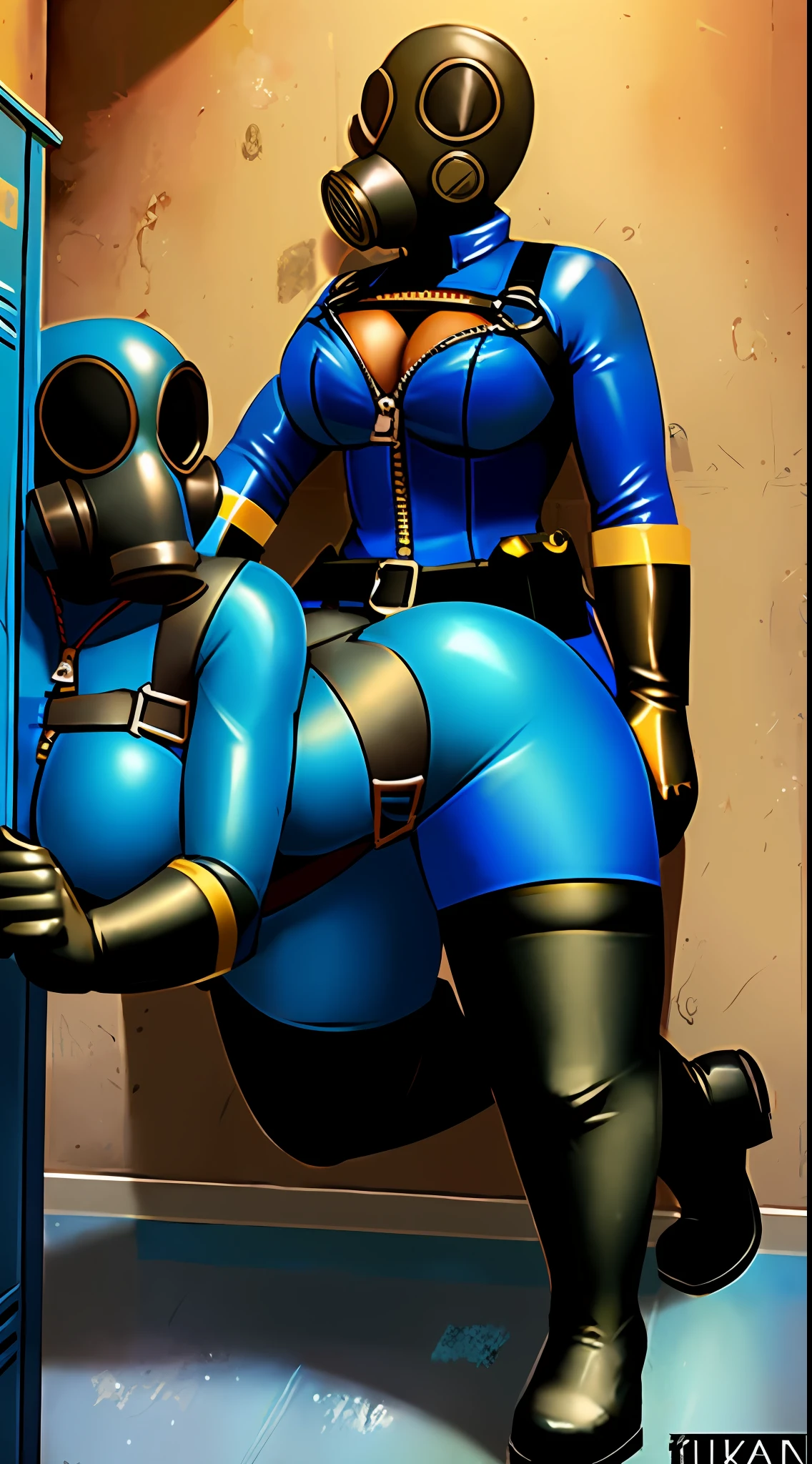 gas mask, mask, gloves, thighhighs, belt, harness, boots, blue bodysuit , skin tight, zipper, high detail, high resolution, art commission, raw photo, in blue locker room, cleavage, pin up, 2girls, duo, ((up against wall)), (((humping)))