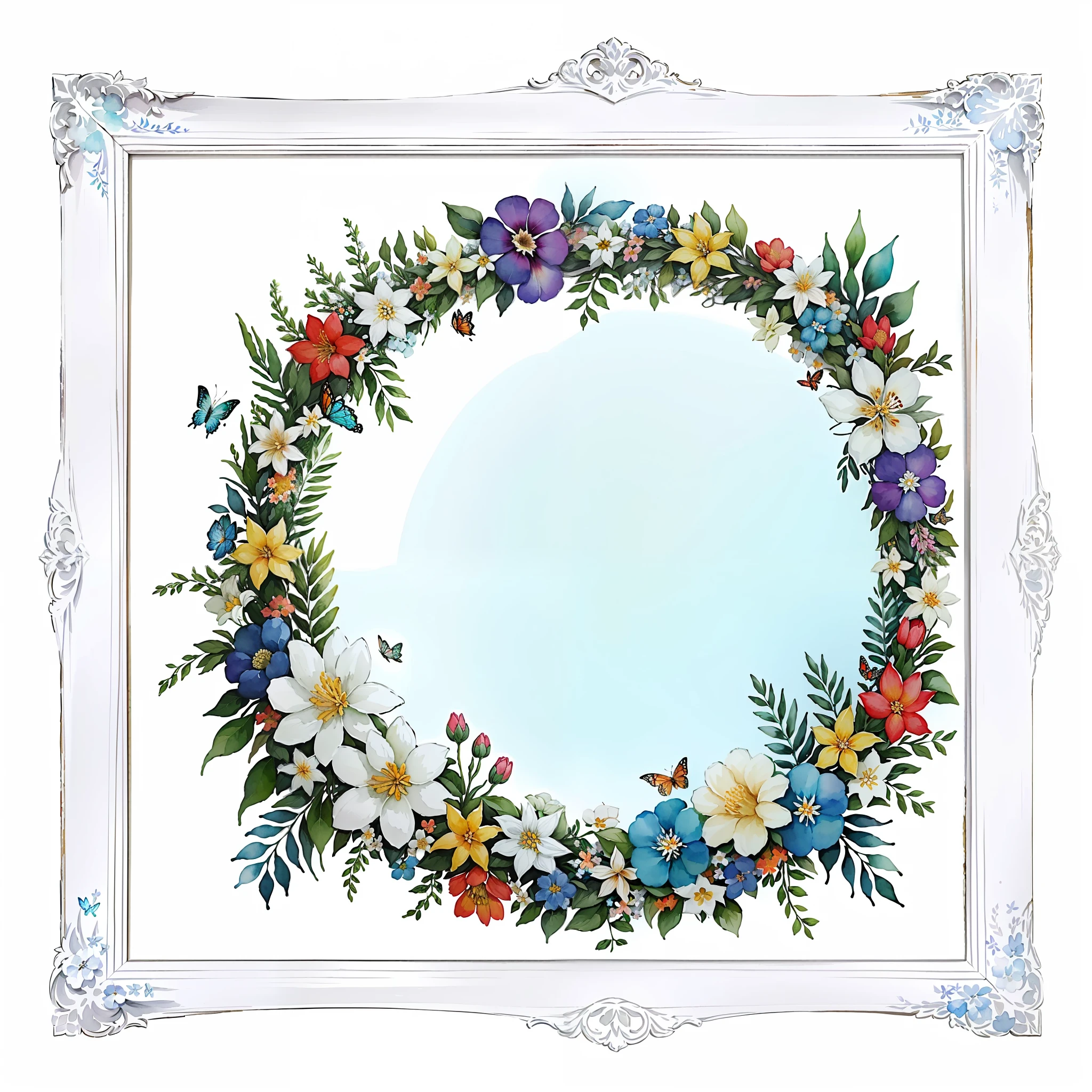 a watercolor painting of a wreath of flowers and butterflies, flower frame, flowers and butterflies, white frame border, with colored flowers, large white border, decorative border, with colorful flowers and plants, decorative frame, white border frame, flowery, white border and background, floral flowers colorful, surrounded flower, beautiful frames, without text, beautiful high resolution