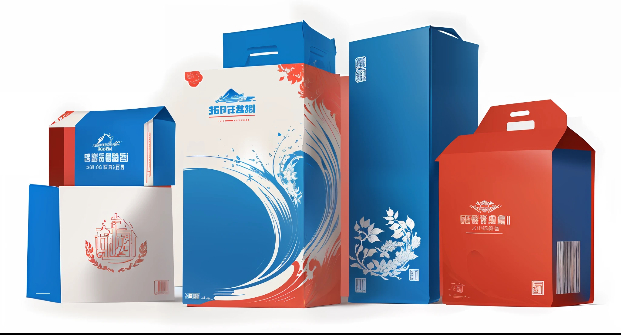 Four different types of packaging, sticker concept design, packaging design, Shenglin style artwork, vector stickers, red and blue color palette, label design, exquisite high-end