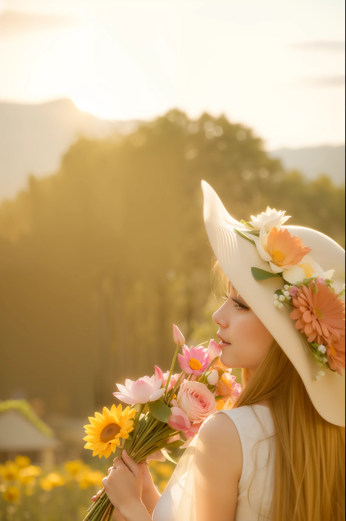 there is a woman wearing a hat and holding a bouquet of flowers, woman in flowers, on a sunny day, in soft dreamy light at sunset, girl in flowers, hot with shining sun, in a sunny day, bright sunny time, summer morning light, sunny atmosphere, with flowers, sunny day time, sunny afternoon, lotus floral crown girl, bright sunny day