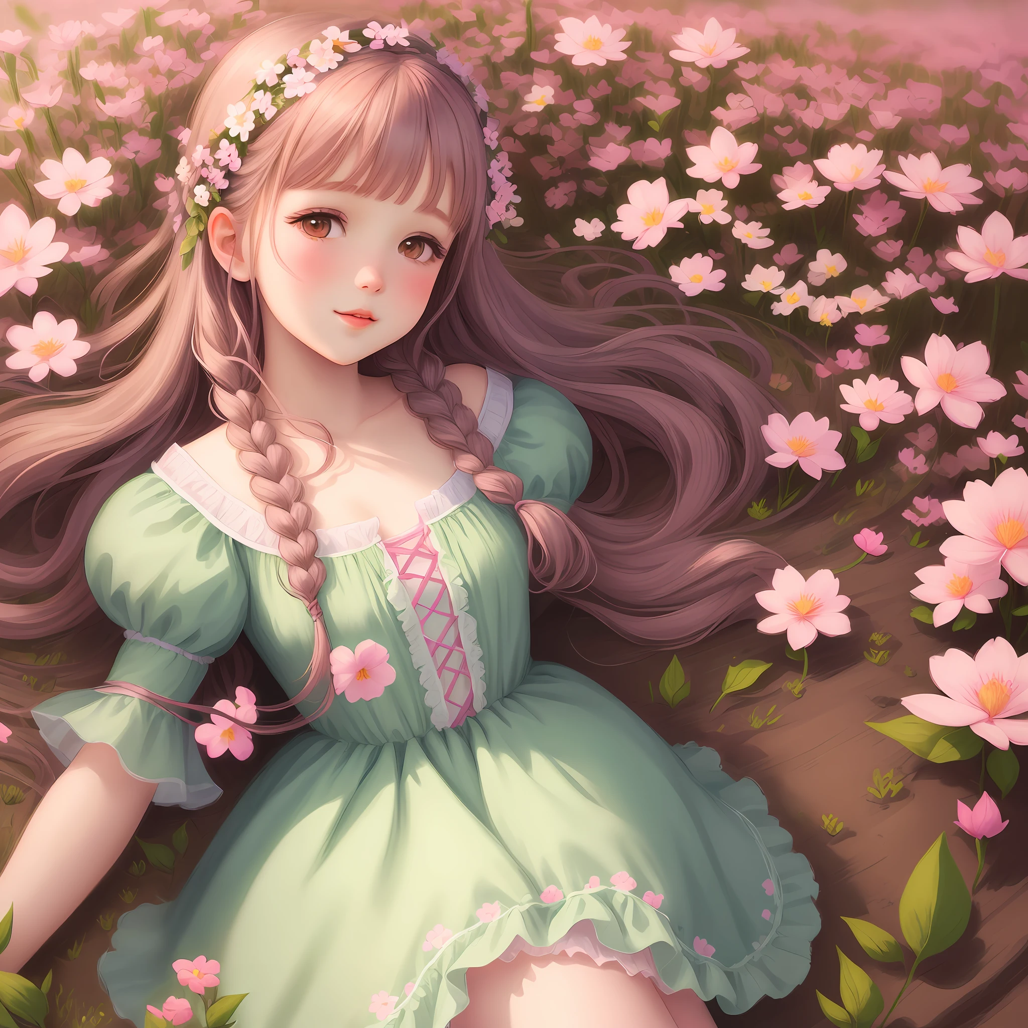 Illustration of a sweet and pretty girl surrounded by flowers. Spring concept. Fairy tale character