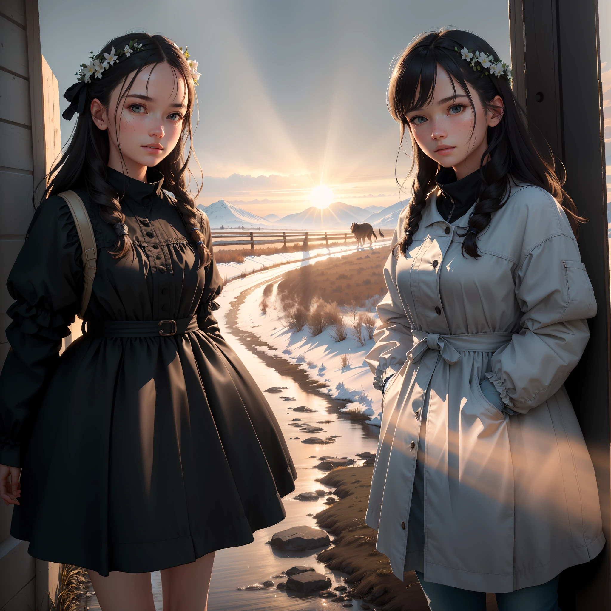 rural landscape, girl wanders through the slush, sun rays, distant,{{ Perfect proportion of facial features}},{{masterpiece}}, {{{best quality}}},{{ultra-detailed}}, {{illustration}},{{masterpiece}},{{{best quality}}},{{ultra-detailed}}, {{{illustration}}},clear facial features,beautiful scene,Photorealism,Realism,Photorealistic,high detail,hyper quality,high resolution,trending on artstation,hyperrealism,HD,16K,Unreal engine,rendered in octane,Corona Render,tilt-shift,Bottom view,Rembrandt Lighting,