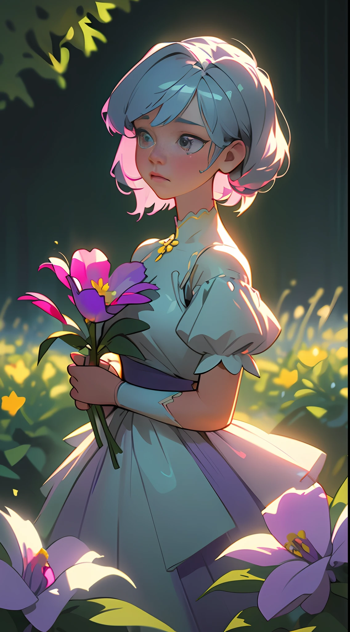 Extremely detailed CG masterpiece, stunningly beautiful and delicate "Flower Girl" with multicolored hair, (blue: 1.3|pink|silver: 1.3|yellow: 1.3|green: 1.3|purple), wearing a lovely white dress with ruffles and bows, surrounded by blooming flowers, in a serene and dreamy atmosphere with soft focus, depth of field and Volumetric light,3D art,in the style of unreal engine 5