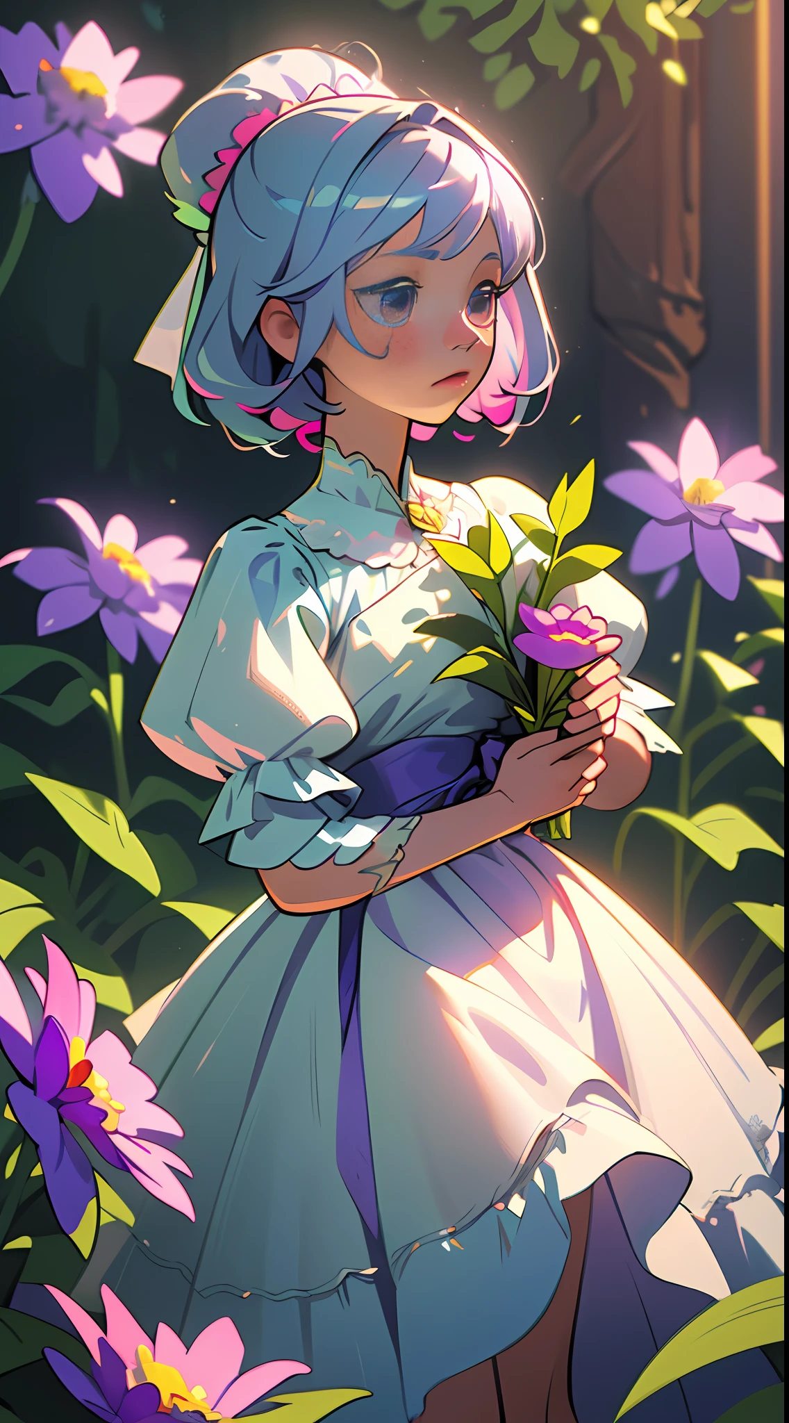 Extremely detailed CG masterpiece, stunningly beautiful and delicate "Flower Girl" with multicolored hair, (blue: 1.3|pink|silver: 1.3|yellow: 1.3|green: 1.3|purple), wearing a lovely white dress with ruffles and bows, surrounded by blooming flowers, in a serene and dreamy atmosphere with soft focus, depth of field and Volumetric light,3D art,in the style of unreal engine 5