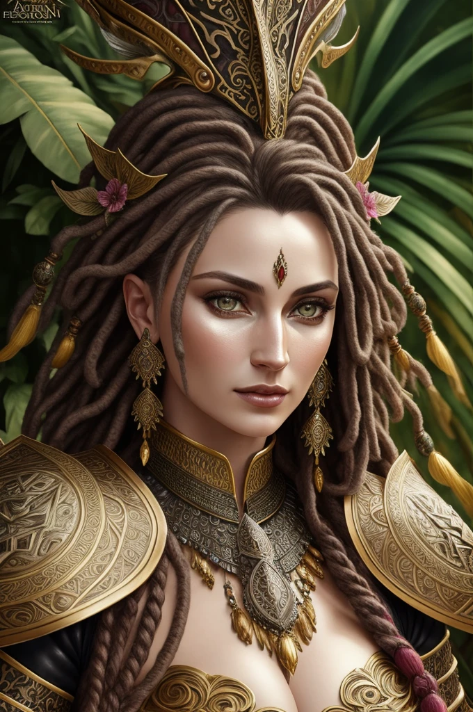 fantasy shaman, beautiful hungarian|indonesian woman, with dreadlocks, wearing ornate intricately decorated leather armor, realistic render, Dungeons and Dragons, Fantasy, octane render, zbrush. Character design, photorealistic, unreal engine, hyper-detailed, concept art, trending on art station. ((best quality)), ((masterpiece)), ((realistic)), (detailed), close up portrait, full body portrait, hazel eyes, wearing leather armor, highly detailed skin and hair, looking at the viewer, Fantasy art, stunning gradient colors, no watermark signature, closed mouth, detailed background, lush jungle, closed mouth, insanely detailed, ((masterpiece)), absurdres, HDR.